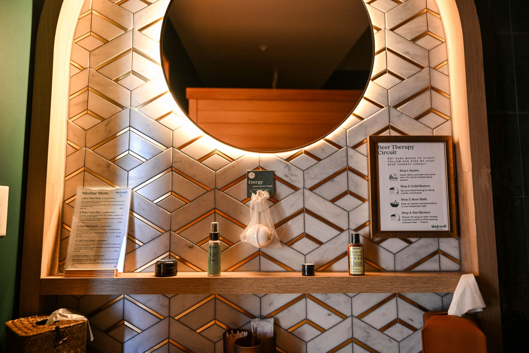 The rooms at Oakwell Beer Spa include a private sauna, shower, and a deep tub with soaking herbs including a bag of hops. (Stephen Swofford, Denver Gazette) (StephenSwoffordPhotographerstephen.swofford@gazette.comhttps://secure.gravatar.com/avatar/1ddcaf11c5d70eaa58546ddc4e038687?d=mm&r=g)