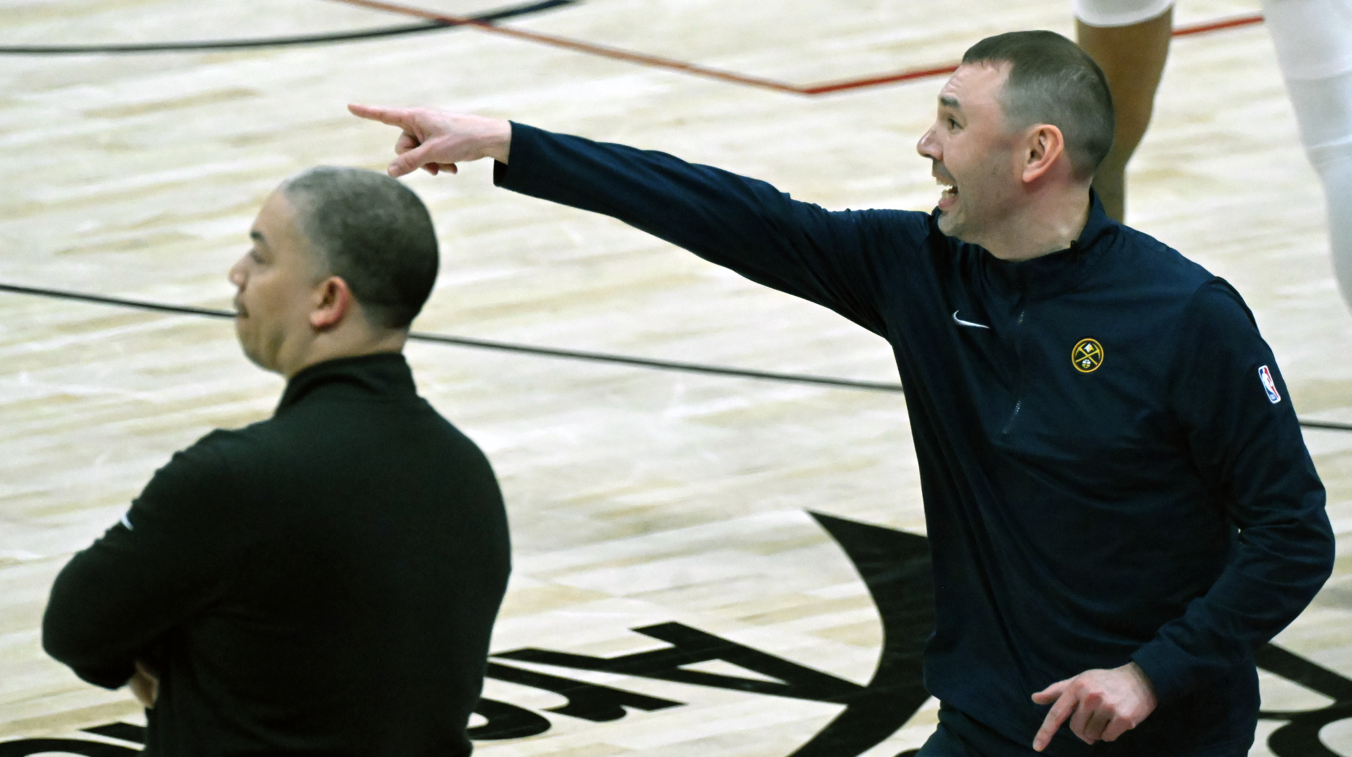 Denver Nuggets Interim Head Coach David Adelman is animated while Clippers Head Coach Ty Leu watches his team during the 4th quarter of Game 7 of Round 1 of the Western Conference Championship on Saturday, April 3, 2025. The Nuggets defeated the Clippers 120-101 and will play the Thunder in the second round. (Jerilee Bennett,The Gazette)