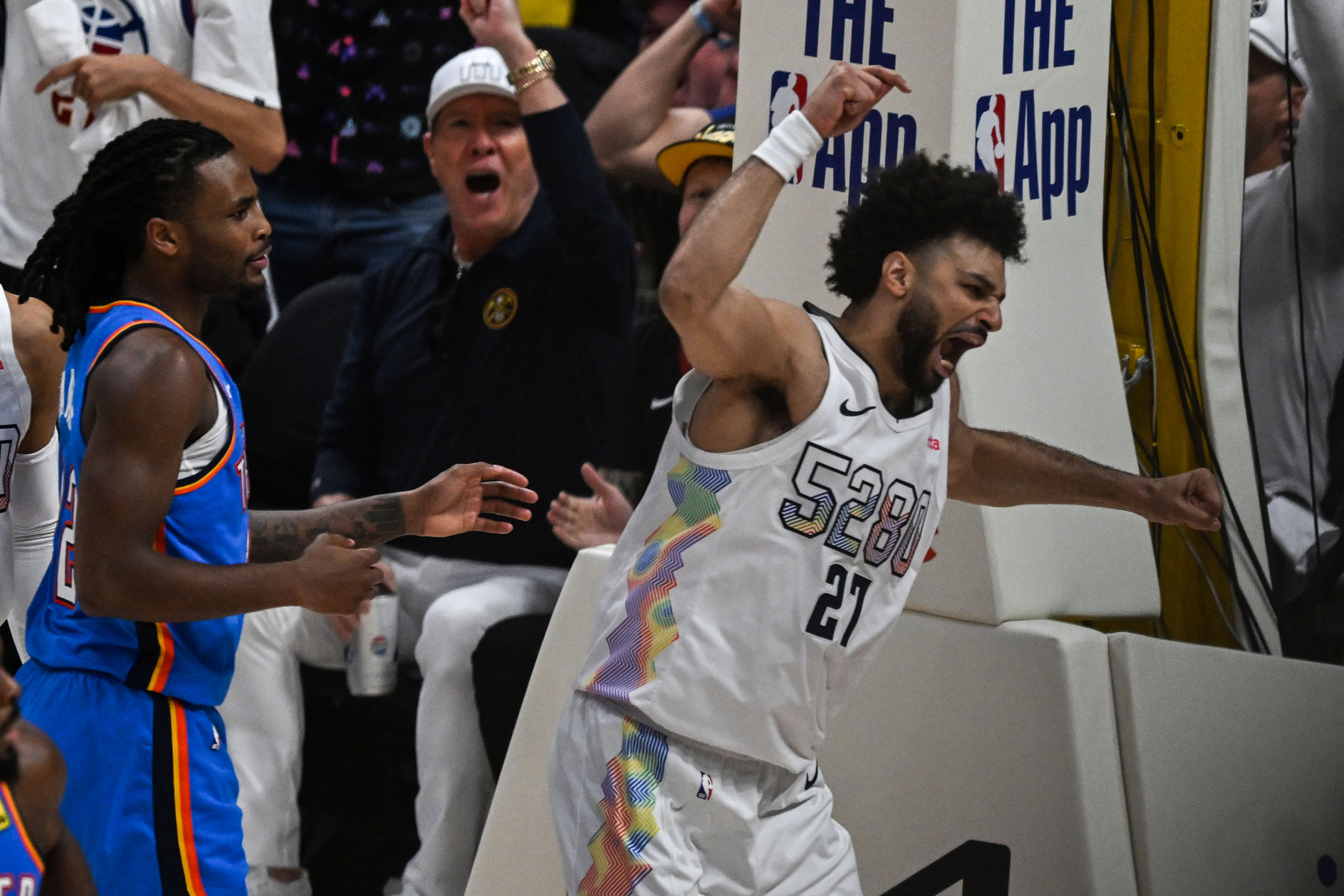 Denver Nuggets guard Jamal Murray (27) reacts as the Nuggets take the lead during the third quarter of the Nuggets Game 6 against the Oklahoma City Thunder on Thursday, May 15, 2025. (Stephen Swofford, Denver Gazette)