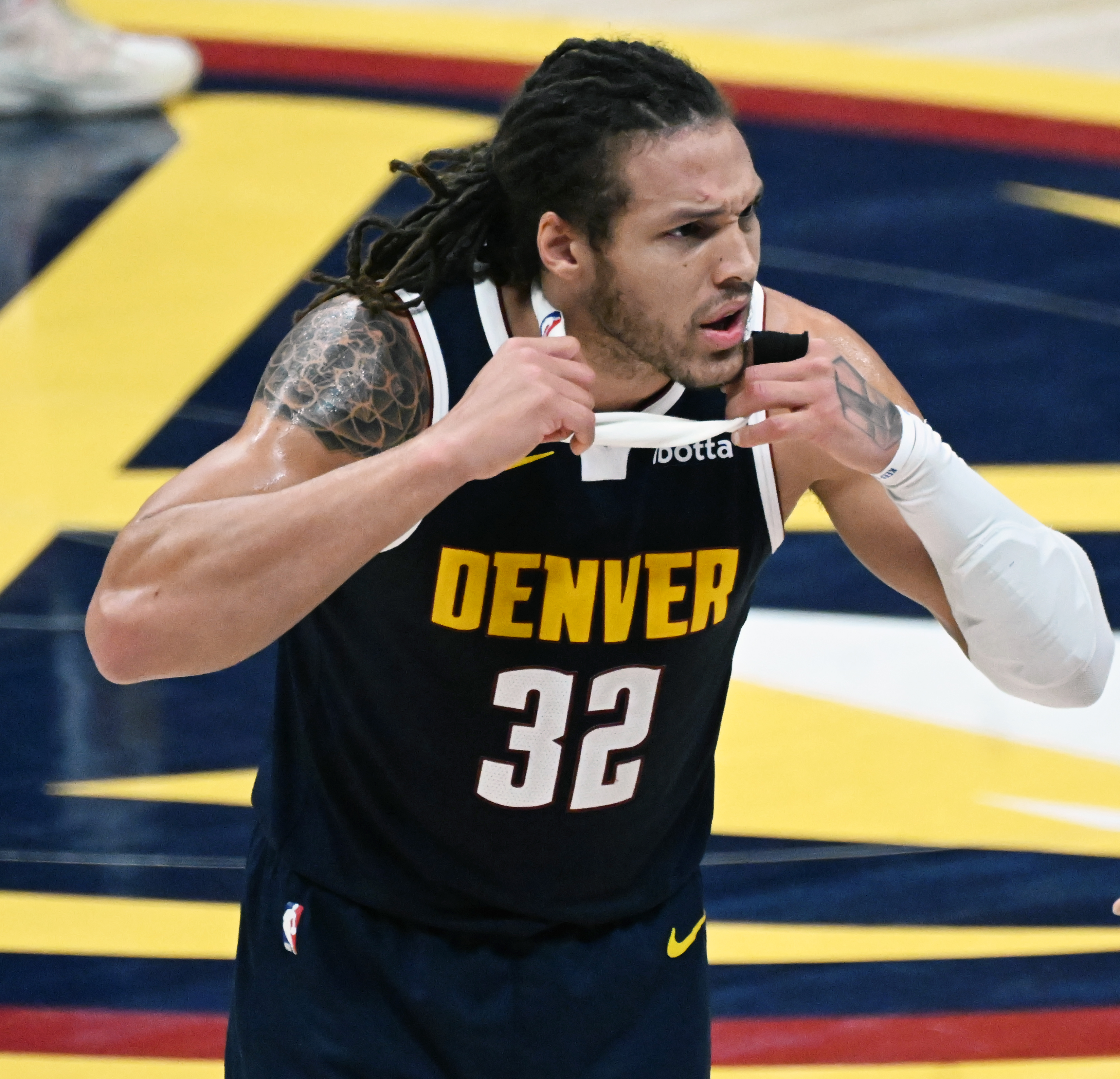 Denver Nuggets forward Aaron Gordon (32) pulls his headband in frustration after a foul call as he pleads with the referee during the 4th quarter of game 4 of the second round of the Western Conference Championship at Ball Arena on Sunday, May 11, 2025. (Jerilee Bennett,The Gazette)