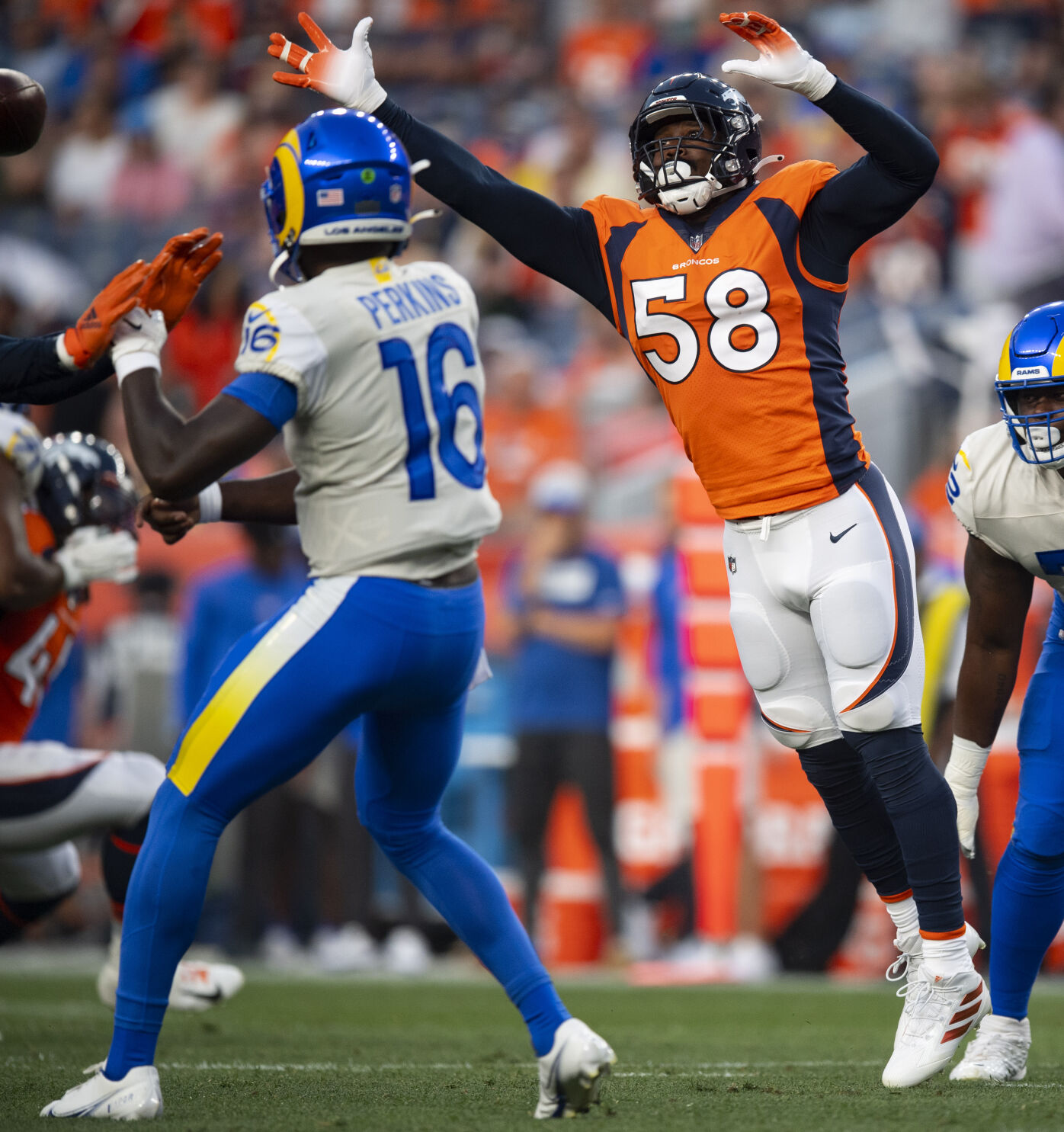 Denver Broncos outside linebacker Von Miller (58) pressures Los Angeles Rams quarterback Byrce Perkins during the first quarter Saturday, Aug. 28, 2021, at Empower Field at Mile High in Denver. (The Gazette, Christian Murdock) (Christian Murdock/The Gazette)