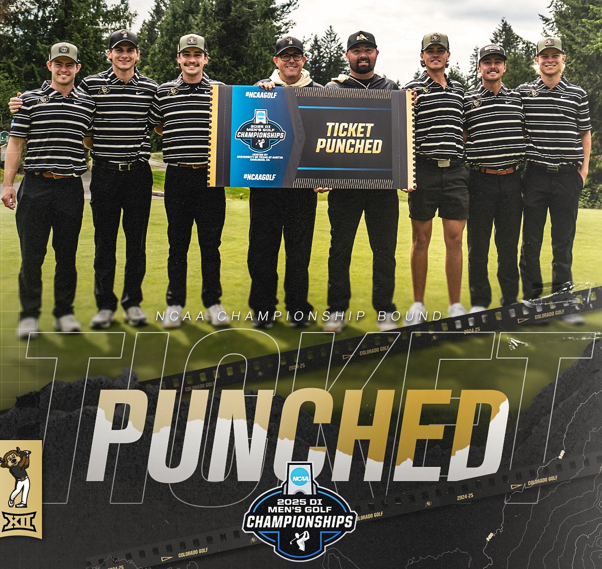 The Colorado men's golf team celebrates qualifying for the NCAA finals on Wednesday in Bremerton, Wash. (Courtesy of CU Buffs)