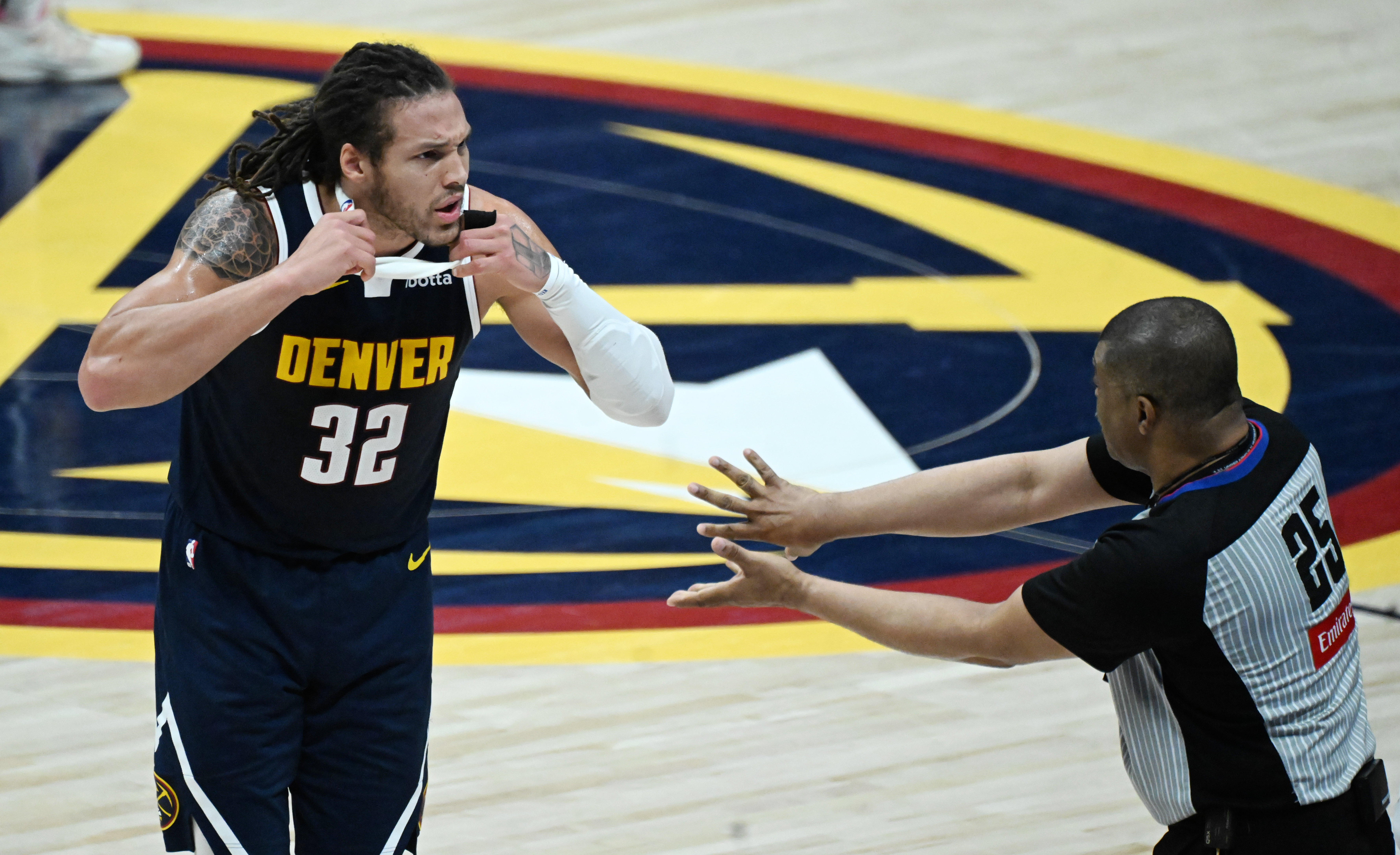 Denver Nuggets forward Aaron Gordon (32) pulls his headband in frustration after a foul call as he pleads with the referee Tony Brothers during the 4th quarter of game 4 of the second round of the Western Conference Championship at Ball Arena on Sunday, May 11, 2025. (Jerilee Bennett,The Gazette)