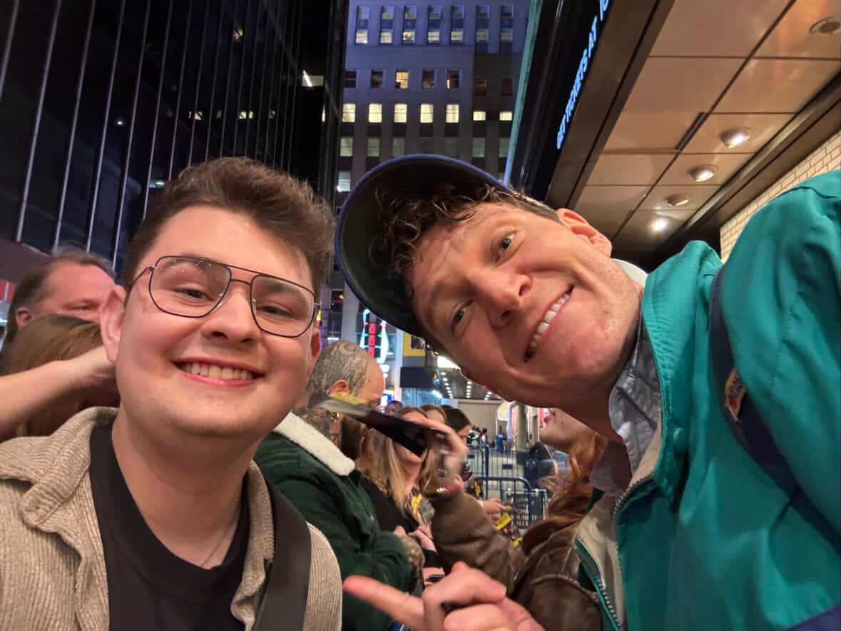 Gabriel Ebert, right, greets fellow Coloradan Eli Testa after a Broadway performance of 