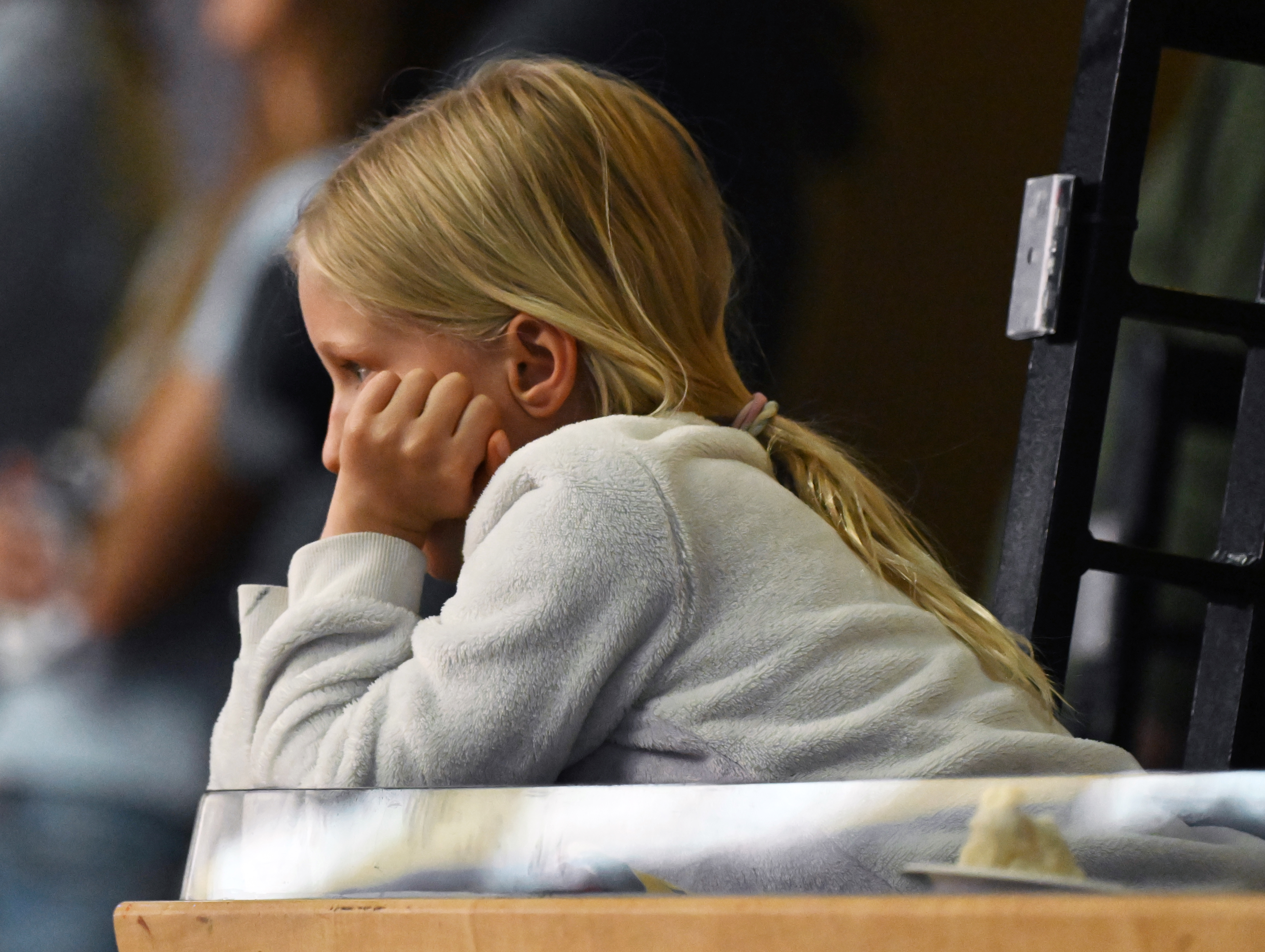 Young Nugget fan Savannah Ninow was bummed as the Nuggets loss looks inevitable during the last minutes of the 4th quarter of game 4 of the second round of the Western Conference Championship at Ball Arena on Sunday, May 11, 2025. (Jerilee Bennett, The Gazette)