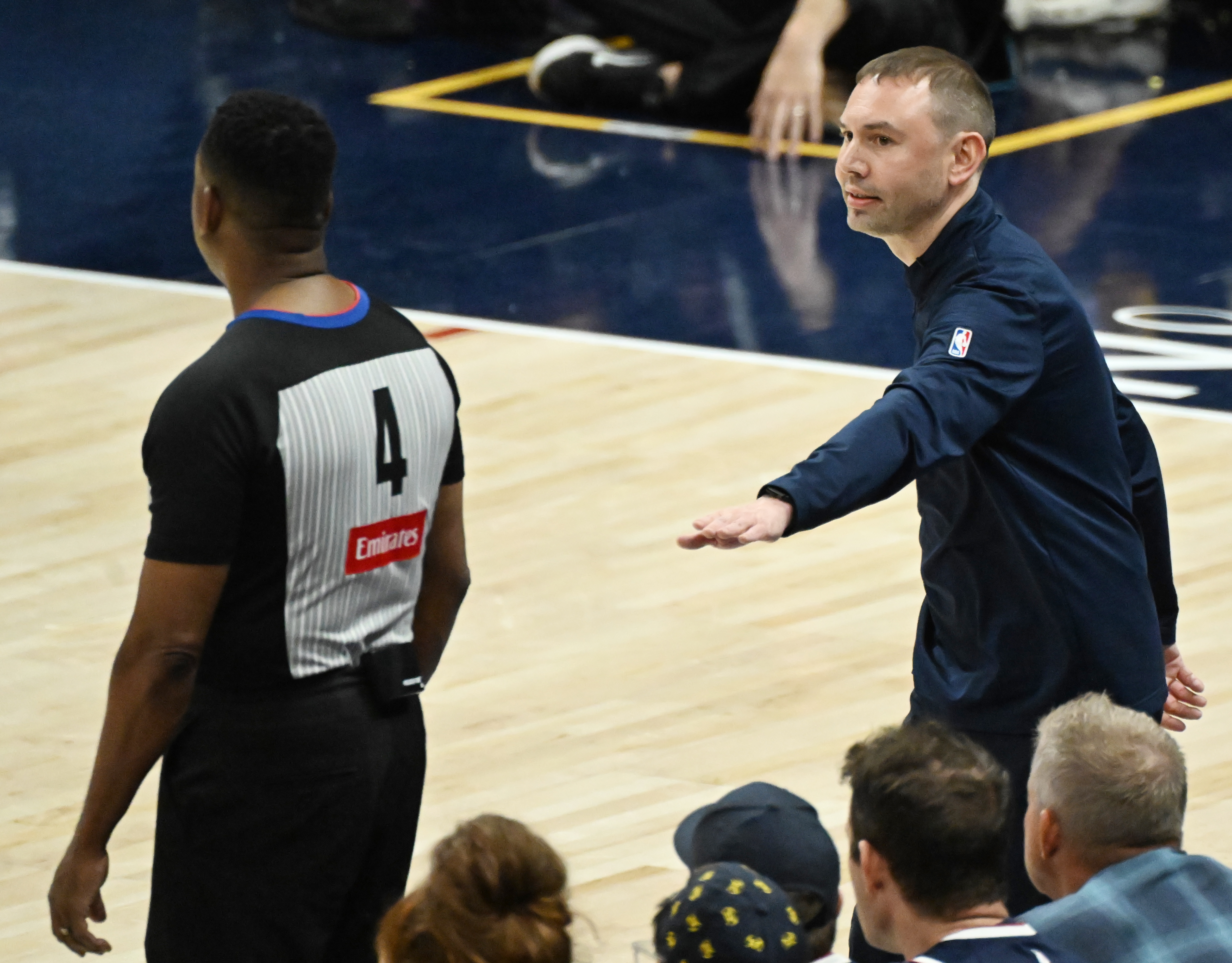Nuggets interim Head Coach David Adelman approaches the referee during the 4th quarter of game 4 of the second round of the Western Conference Championship at Ball Arena on Sunday, May 11, 2025. (Jerilee Bennett,The Gazette)