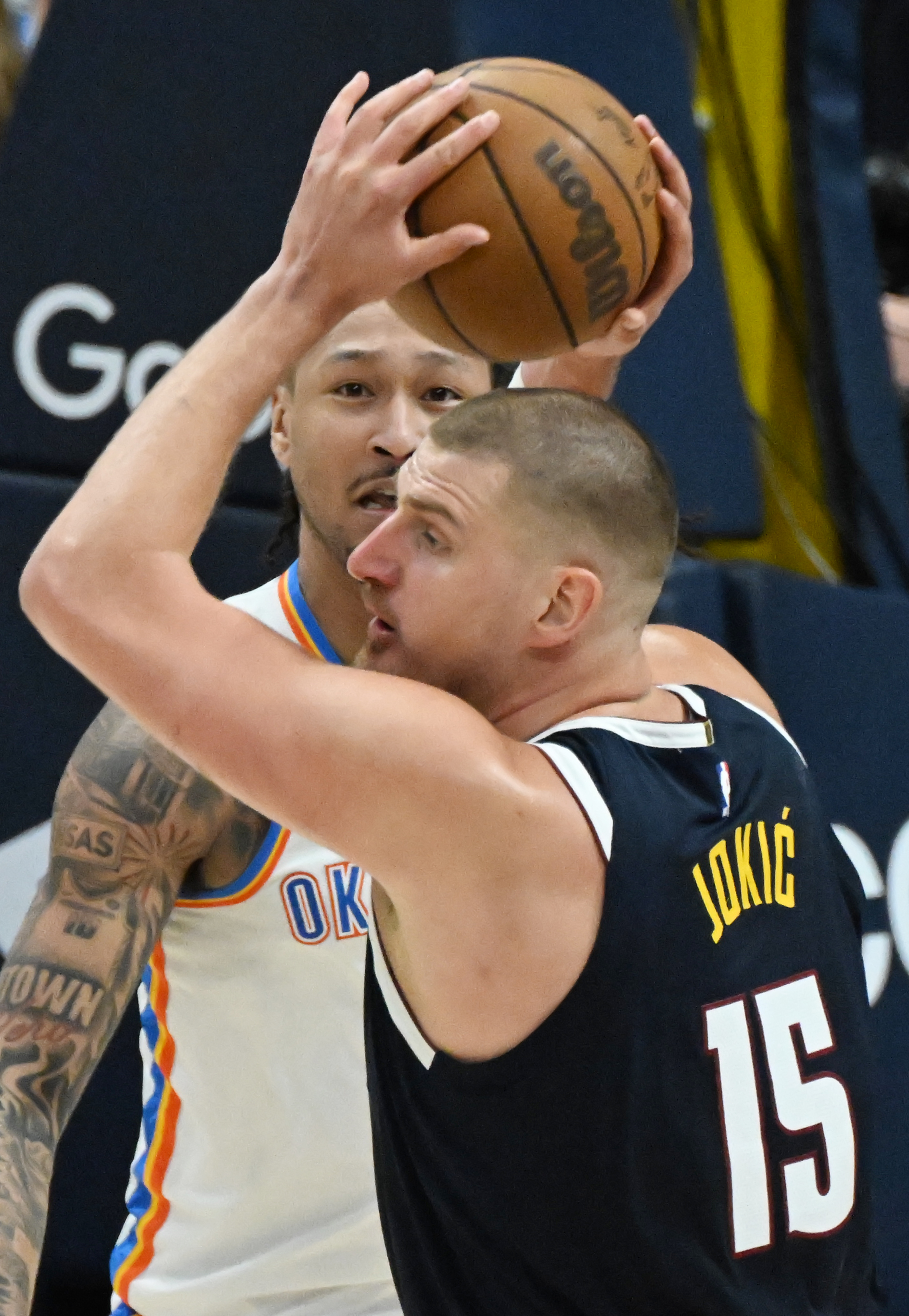 Denver Nuggets center Nikola Jokic (15) pulls down a defensive rebound during the 3rd quarter of game 4 of the second round of the Western Conference Championship at Ball Arena on Sunday, May 11, 2025. (Jerilee Bennett,The Gazette)