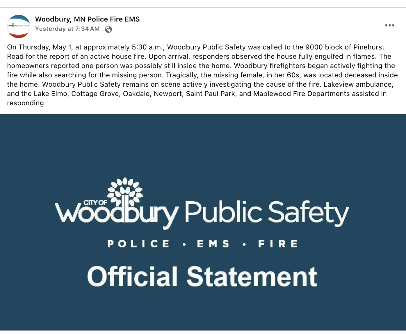 A statement from The Public Safety Department in Woodbury, Minn., about the death of Jill Sobule. (WOODBURY PUBLIC SAFETY)