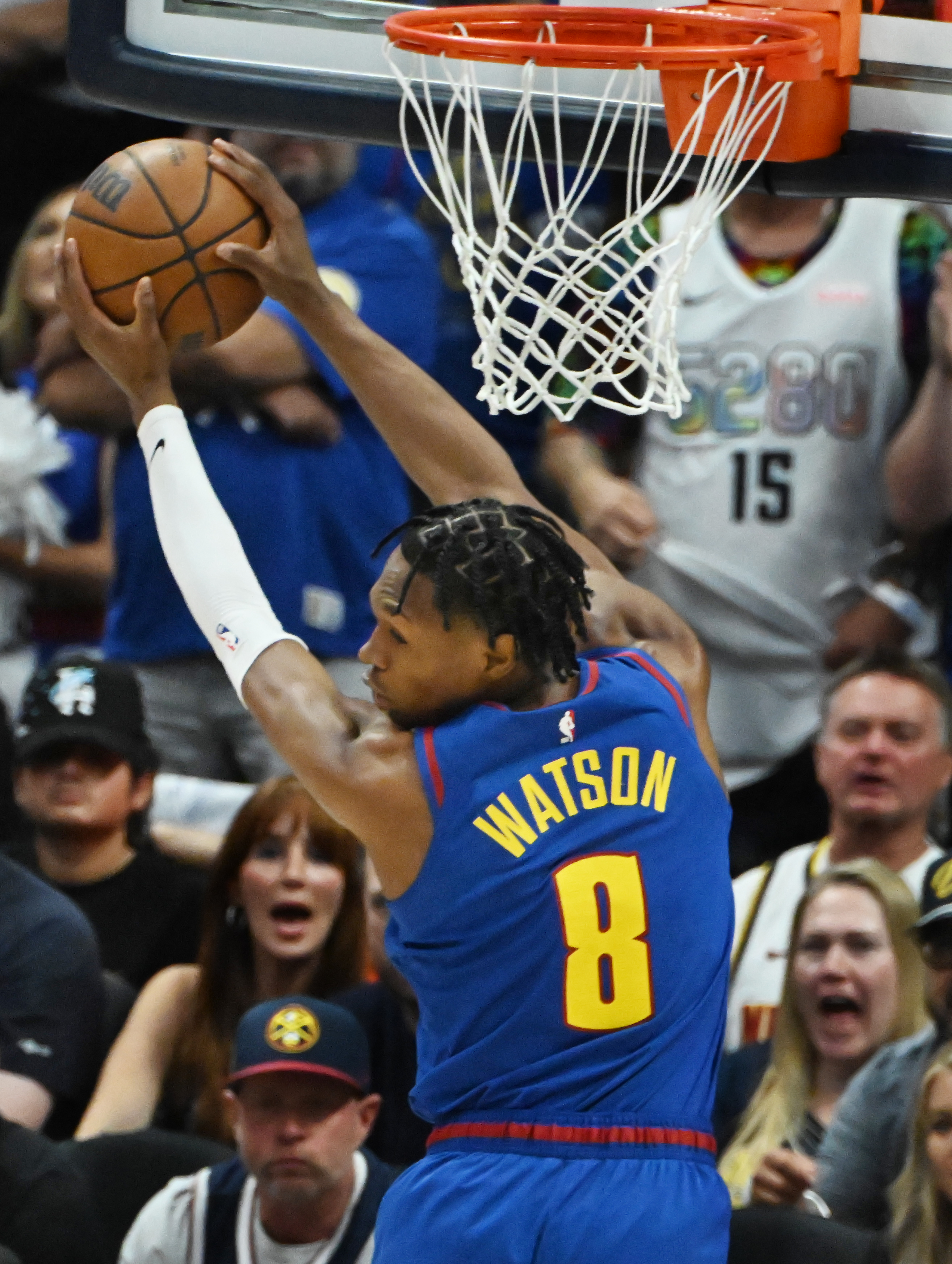 Denver Nuggets forward Peyton Watson (8) pulls down a defensive rebound during the 2nd quarter of game 3 of round 2 of the Western Conference Championship at Ball Arena on Friday, May 9, 2025. (Jerilee Bennett,The Gazette)