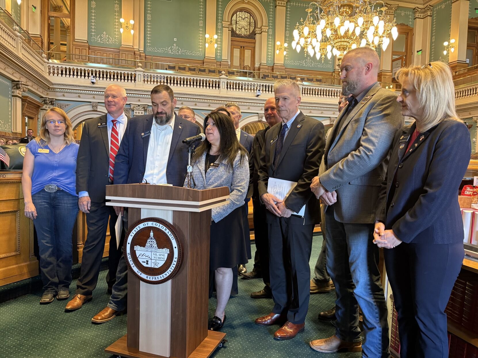 Eighteen members of the House Republicans caucus speak to the media during a post-session news conference, May 8, 2025. (MarianneGoodlandmarianne.goodland@coloradopolitics.comhttps://secure.gravatar.com/avatar/125a14b7bd9266f61a445ec13b1d3605?d=mm&r=g)