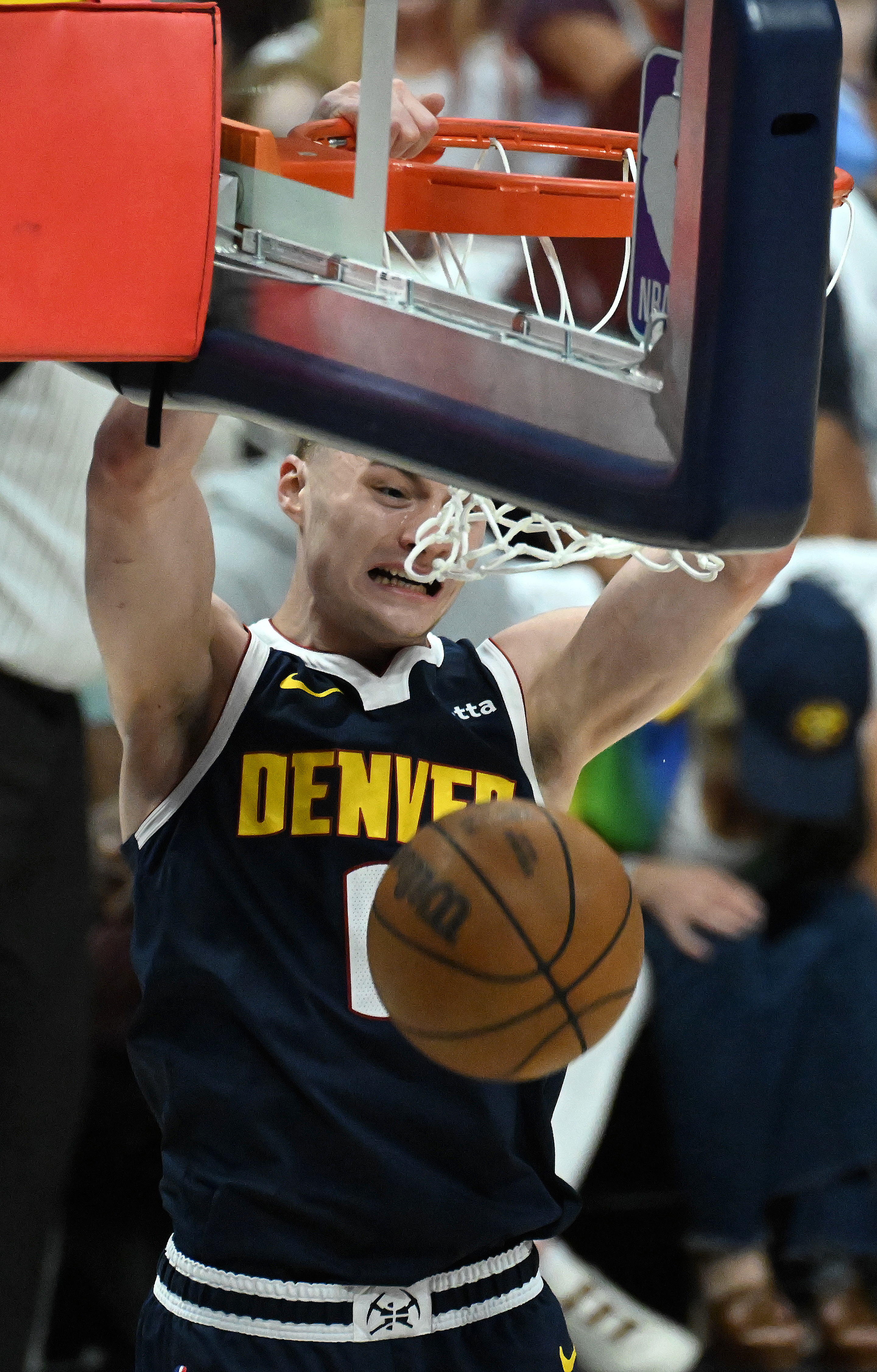 Denver Nuggets guard Christian Braun (0) dunks the ball during the 1st quarter of game 4 of the second round of the Western Conference Championship at Ball Arena on Sunday, May 11, 2025. (Jerilee Bennett,The Gazette)