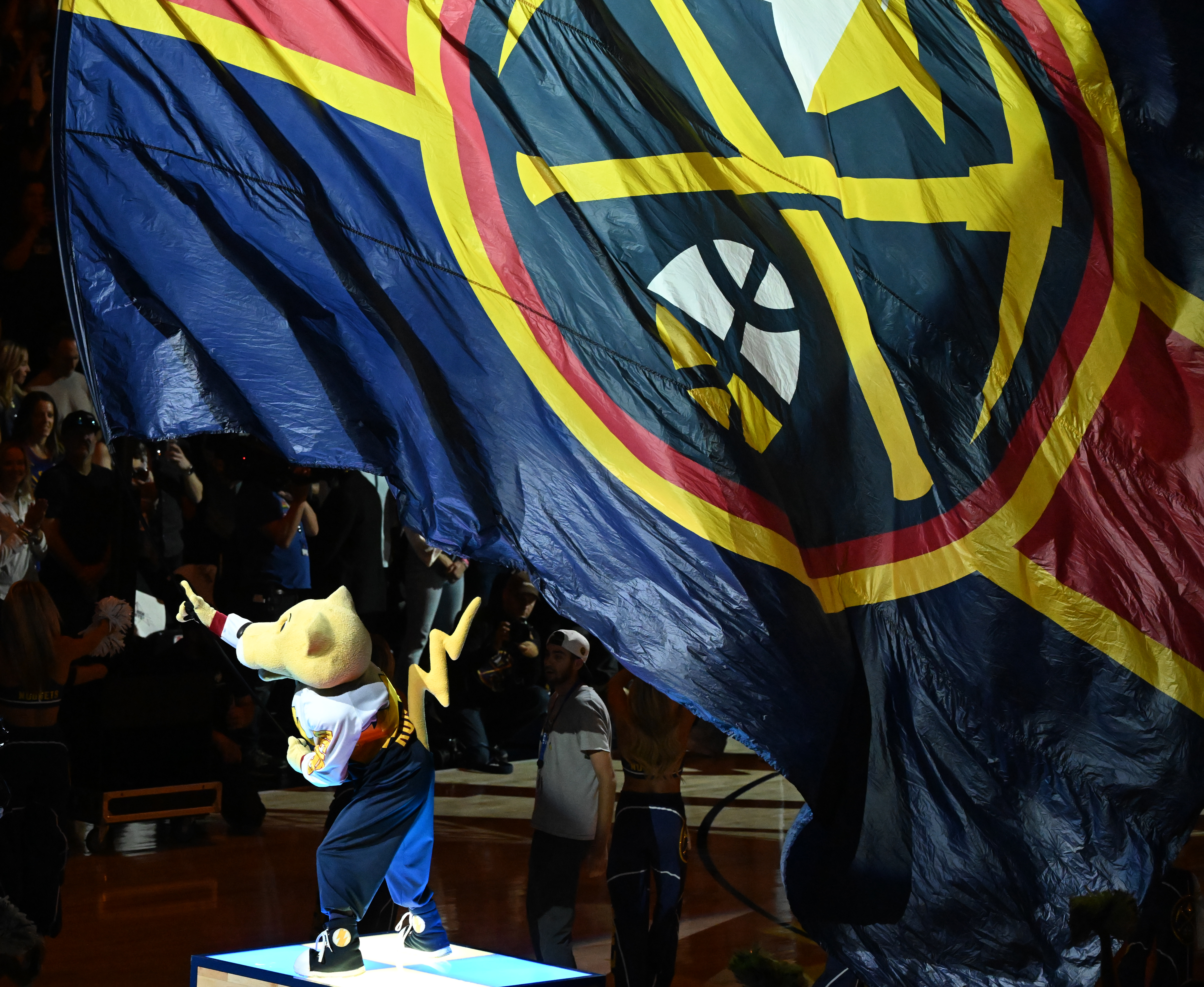Rocky waves the Nuggets flag before the game 4 of the second round of the Western Conference Championship at Ball Arena on Sunday, May 11, 2025. (Jerilee Bennett,The Gazette)