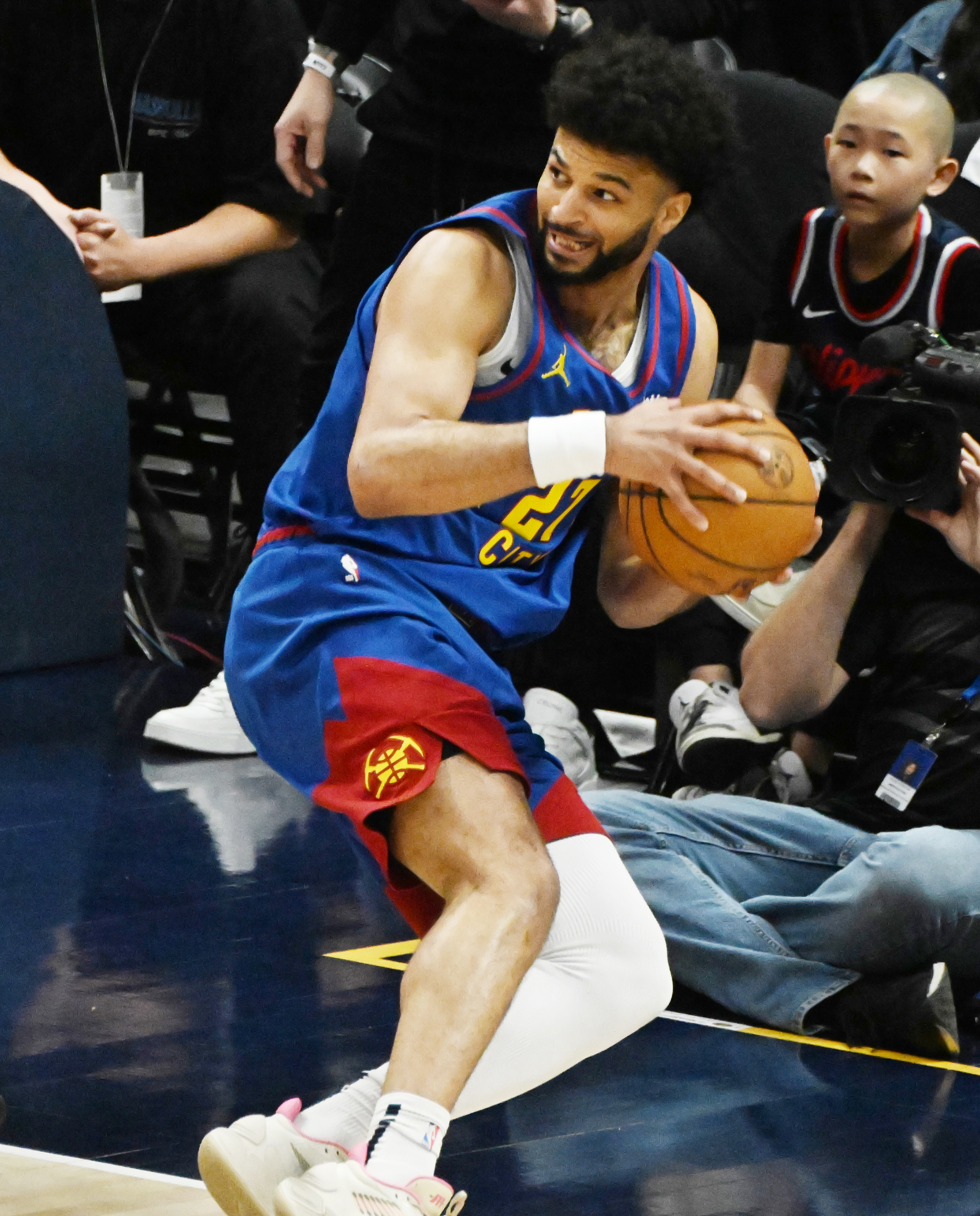 Denver Nuggets guard Jamal Murray (27) keeps the ball from going out of bounds during the first quarter of game 7 against the Clippers in the first round of the Western Conference Championship on Saturday, May 3, 2025 at Ball Arena. (Jerilee Bennett, The Gazette)