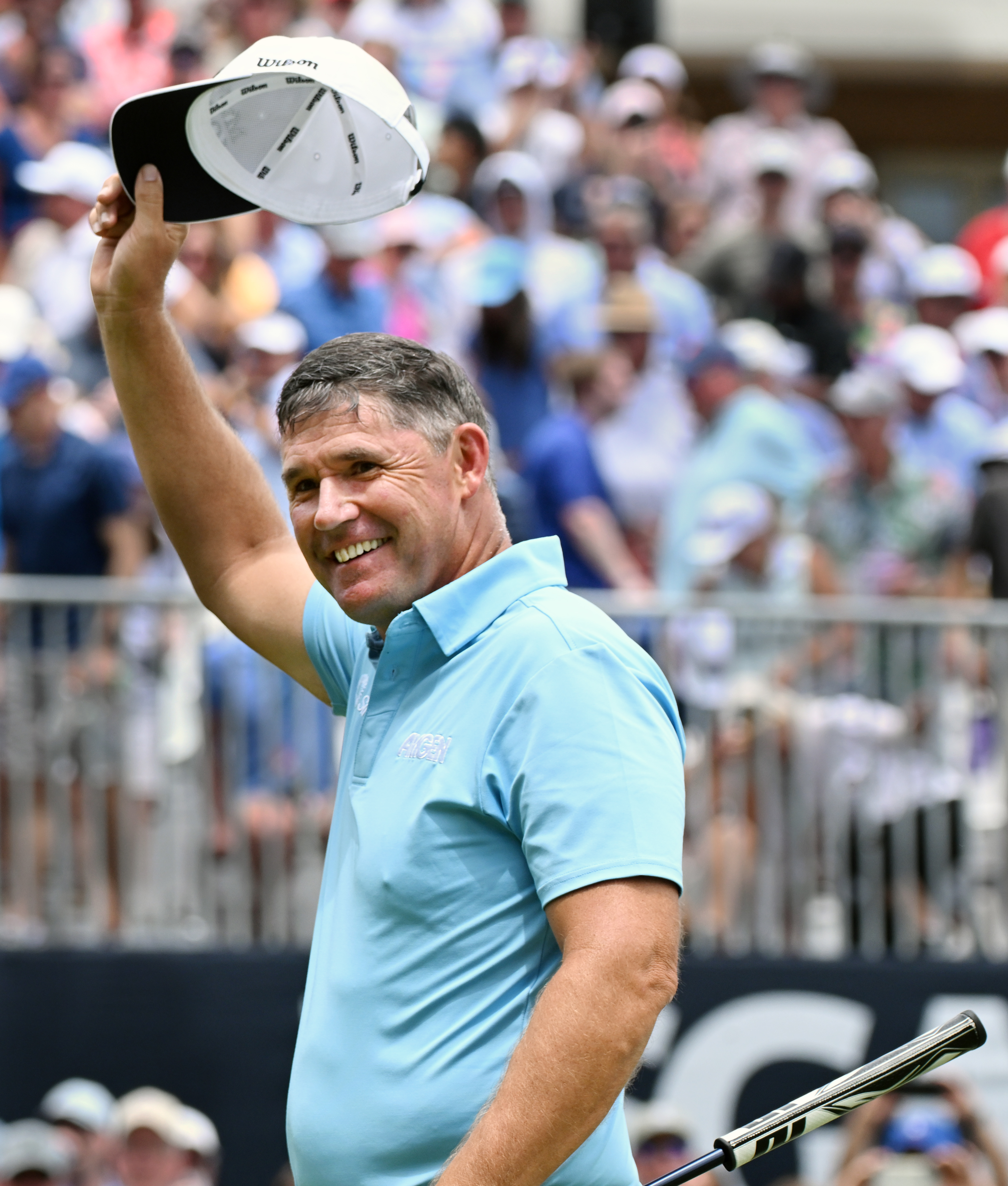 Padraig Harrington waves his hat to the crowd after winning the 2025 Sr. Open Championship at the Broadmoor Golf Club in Colorado Springs, Colorado on Sunday, June 29, 2025. He finished with a score of -11. (Jerilee Bennett,The Gazette)