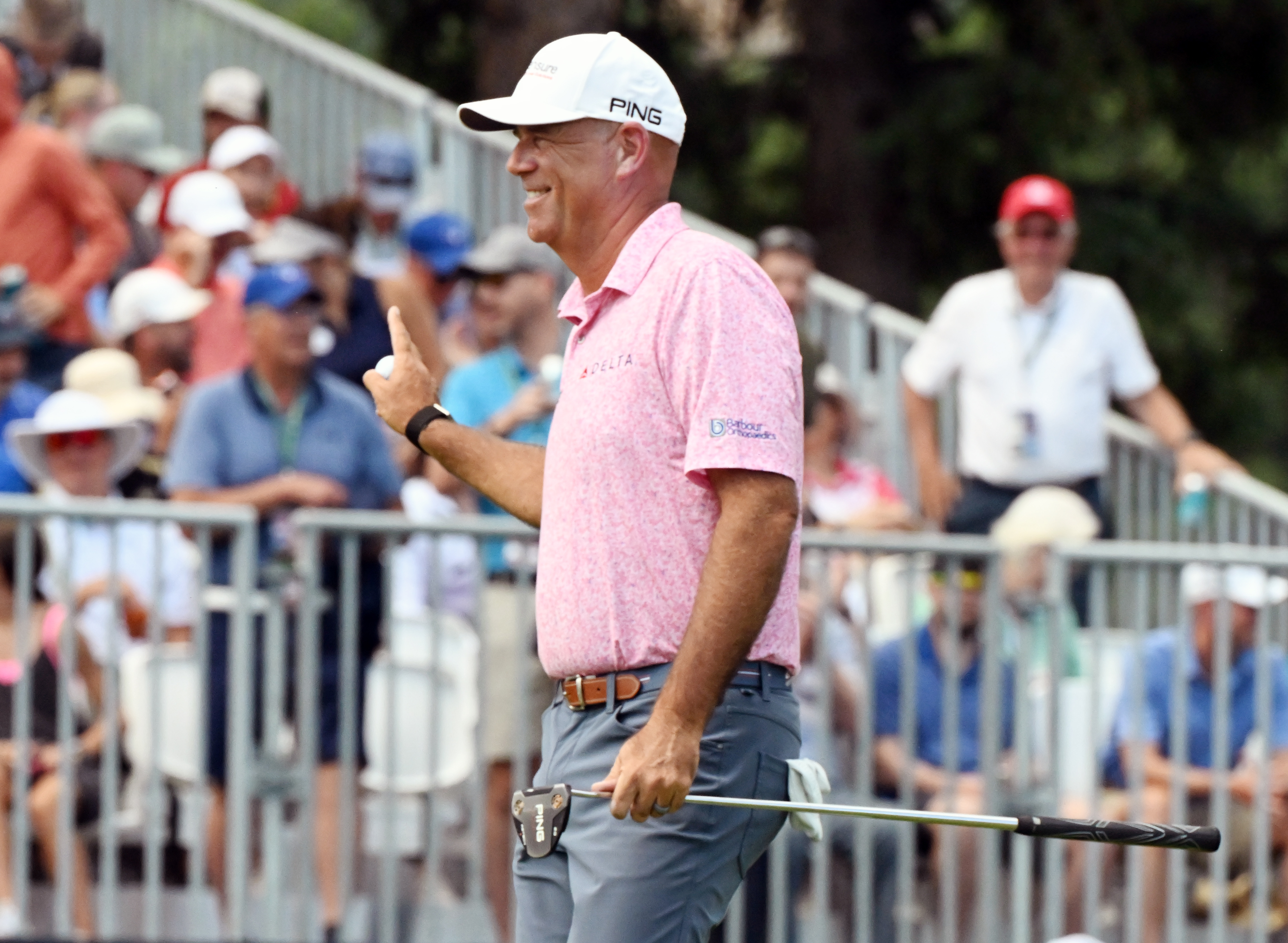 Stewart Cink celebrates a birdie on the 3rd hole of the U.S, Senior Open Championship on Sunday, June 29, 2025 at the Broadmoor Golf Club in Colorado Springs, Colorado. Cink finished in second place with a -10. (Jerilee Bennett,The Gazette)