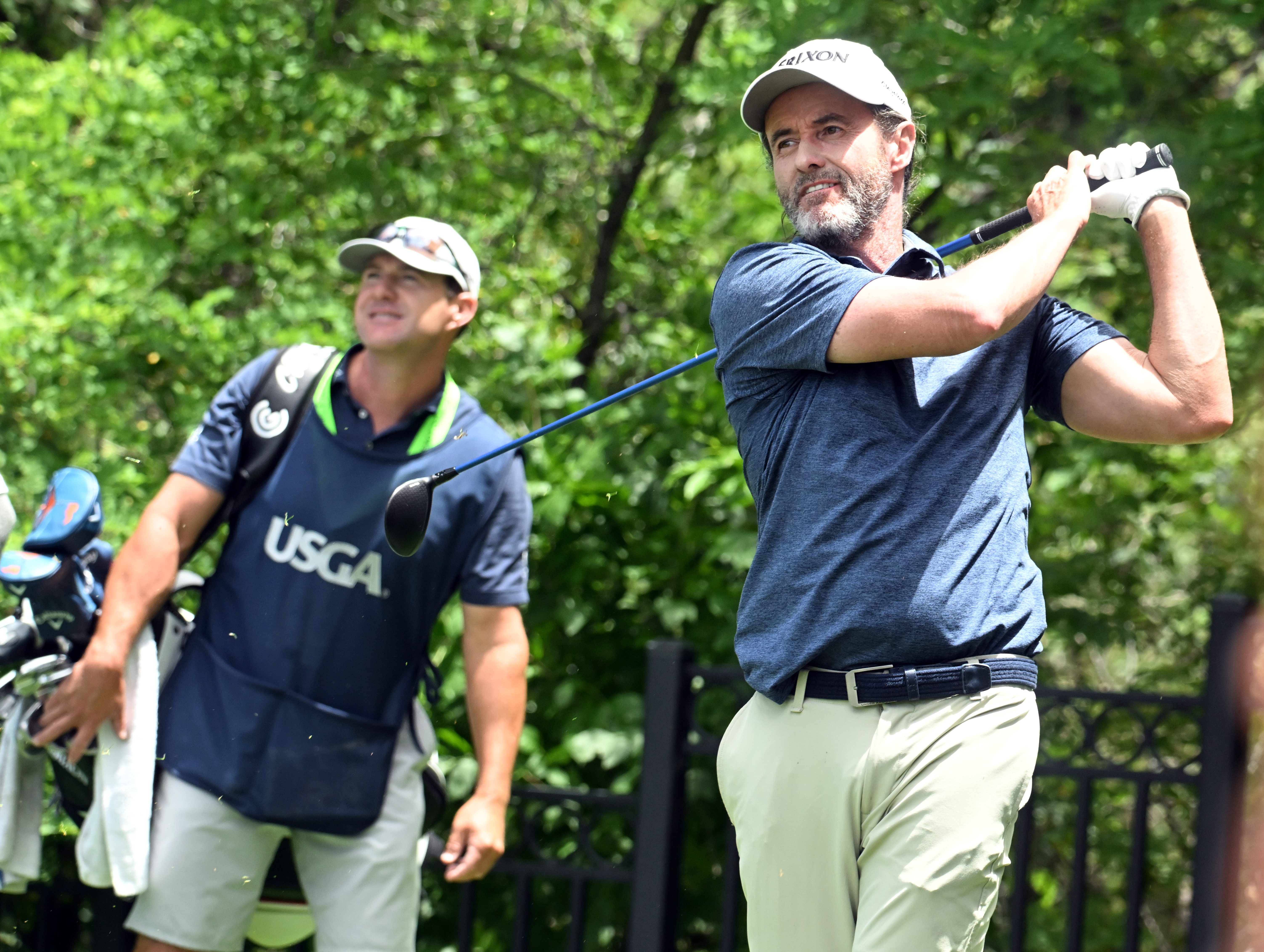 Mark Hensby hits off of the tee on the 18th hole during the first session of the first day of play at the U.S. Senior Open Championship at the Broadmoor Golf Club on Thursday, June 26, 2025. Hensby ended up in first place of the golfers who teed off in the morning with a score of -3.