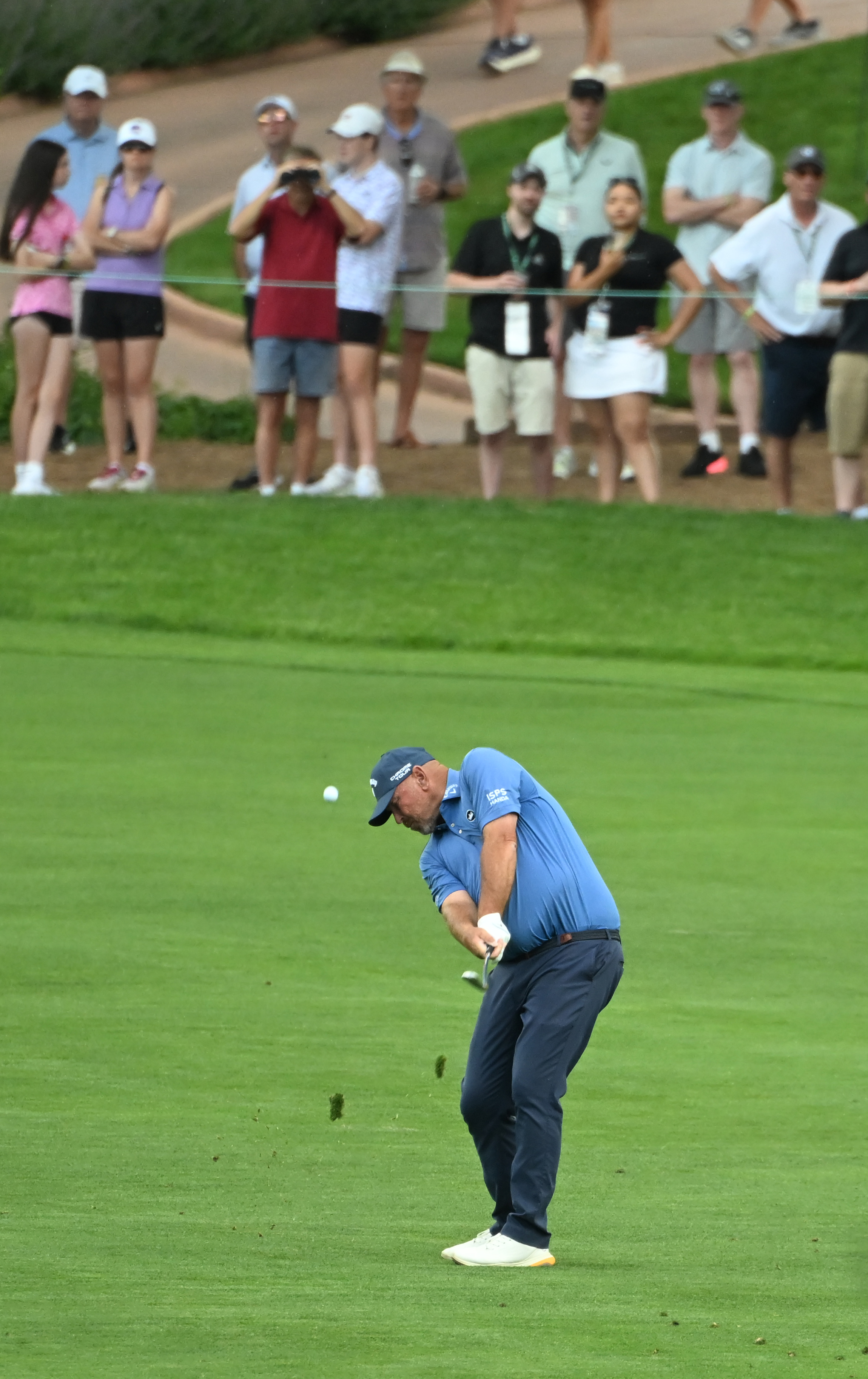 Thomas Bjorn hits onto the 18th green on the first day of play at the U.S. Senior Open Championship at the Broadmoor Golf Club on Thursday, June 26, 2025. Bjorn ended up in a 7-way tie for second place. (Jerilee Bennett,The Gazette)