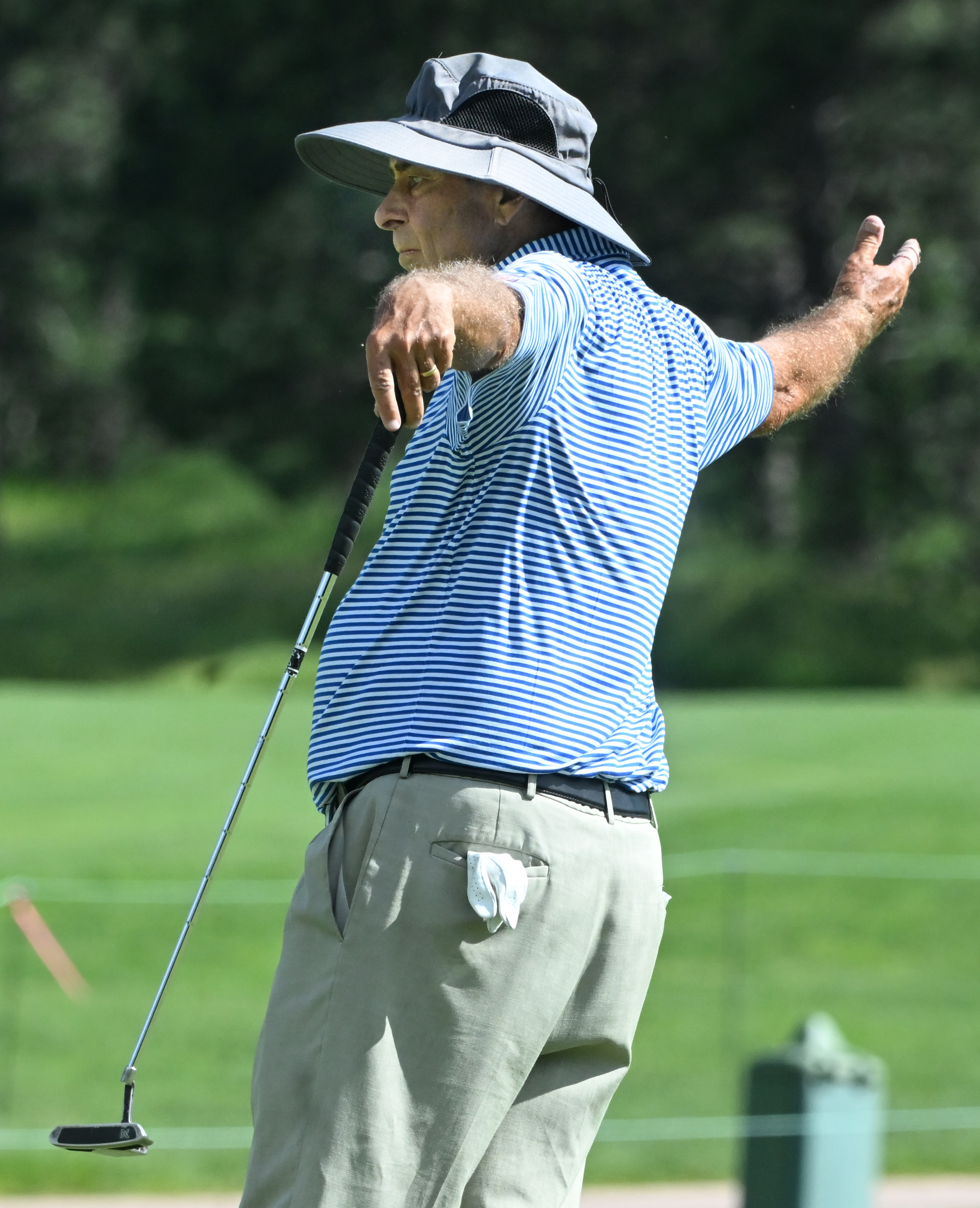 Brad Bryant looks like he’s going to take flight after making a birdie on the 10th hole on the first day of play at the U.S. Senior Open Championship at the Broadmoor Golf Club in Colorado Springs, Colorado, on Thursday, June 26, 2025. Harrington ended up in a 2-way tie for first place with a -3. (Jerilee Bennett,The Gazette)