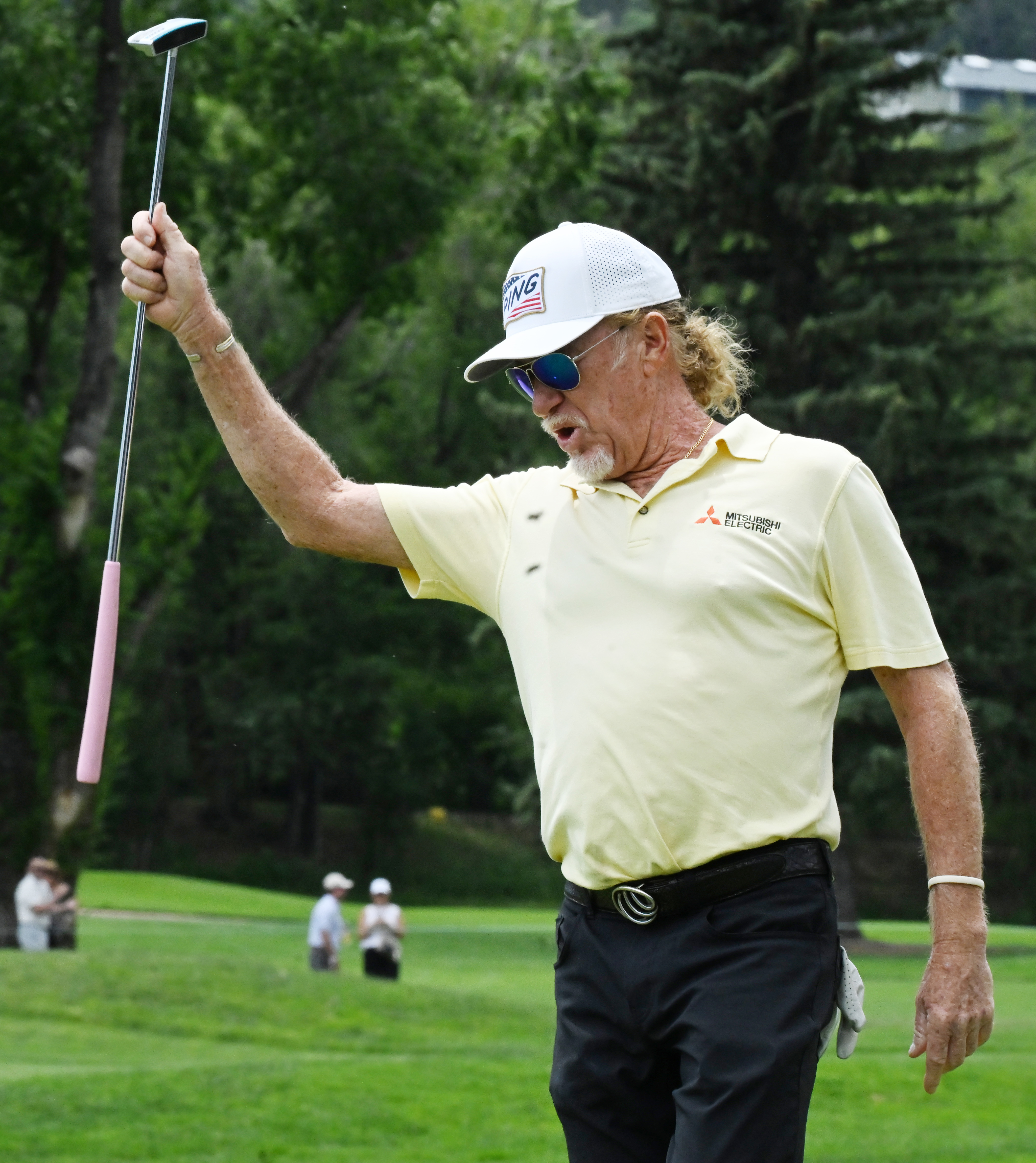 Miguel Angel Jimenez celebrates a birdie on the 16th hole of the U.S, Senior Open Champion ship on Sunday, June 29, 2025 at the Broadmoor Golf Club in Colorado Springs, Colorado. Jimenez finished in 3rd place with a -9. (Jerilee Bennett,The Gazette)