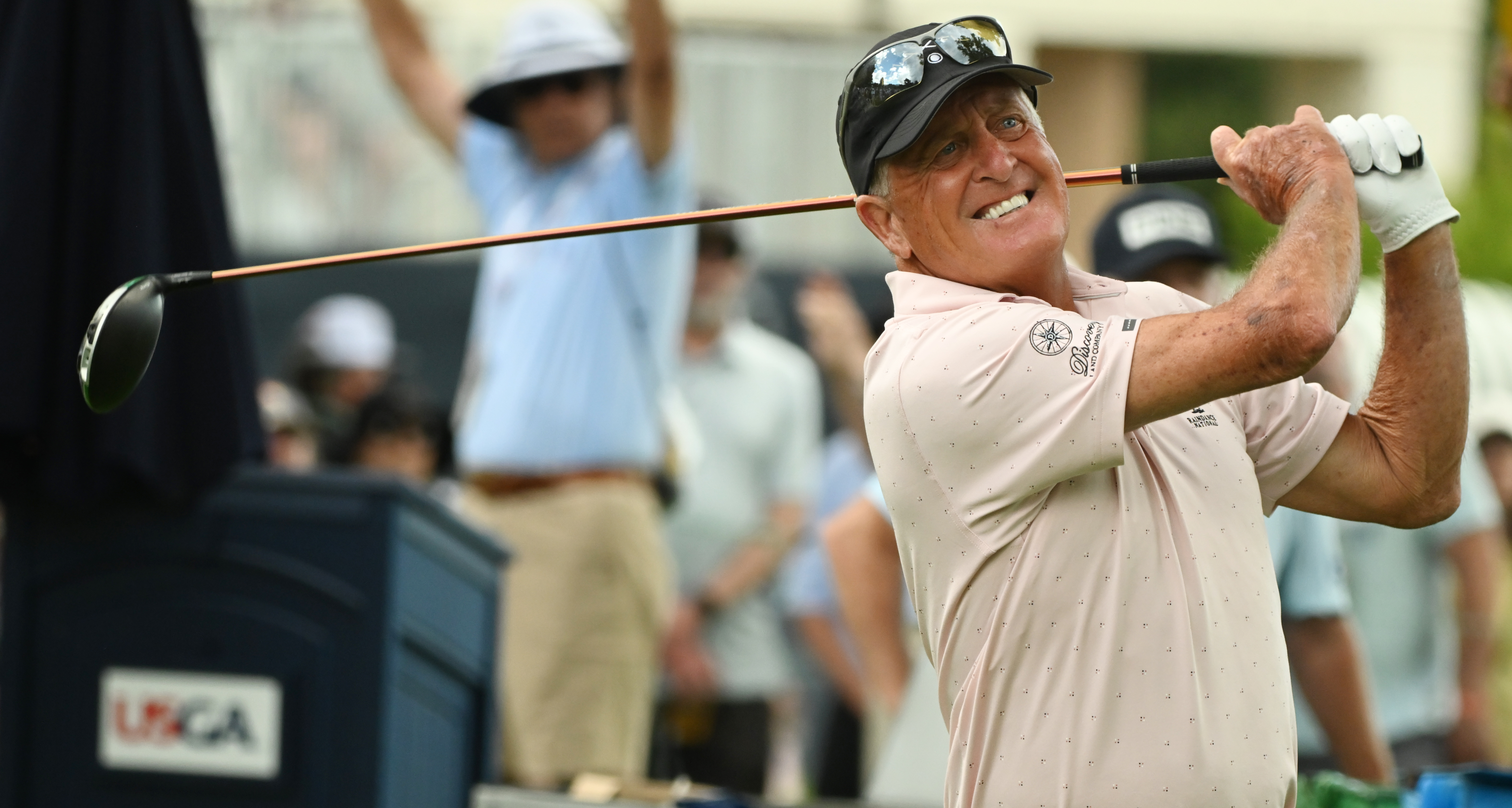 Fred Funk grits his teeth as he tees off on hole 1 on the first day of play at the U.S. Senior Open Championship at the Broadmoor Golf Club on Thursday, June 26, 2025. (Jerilee Bennett,The Gazette)