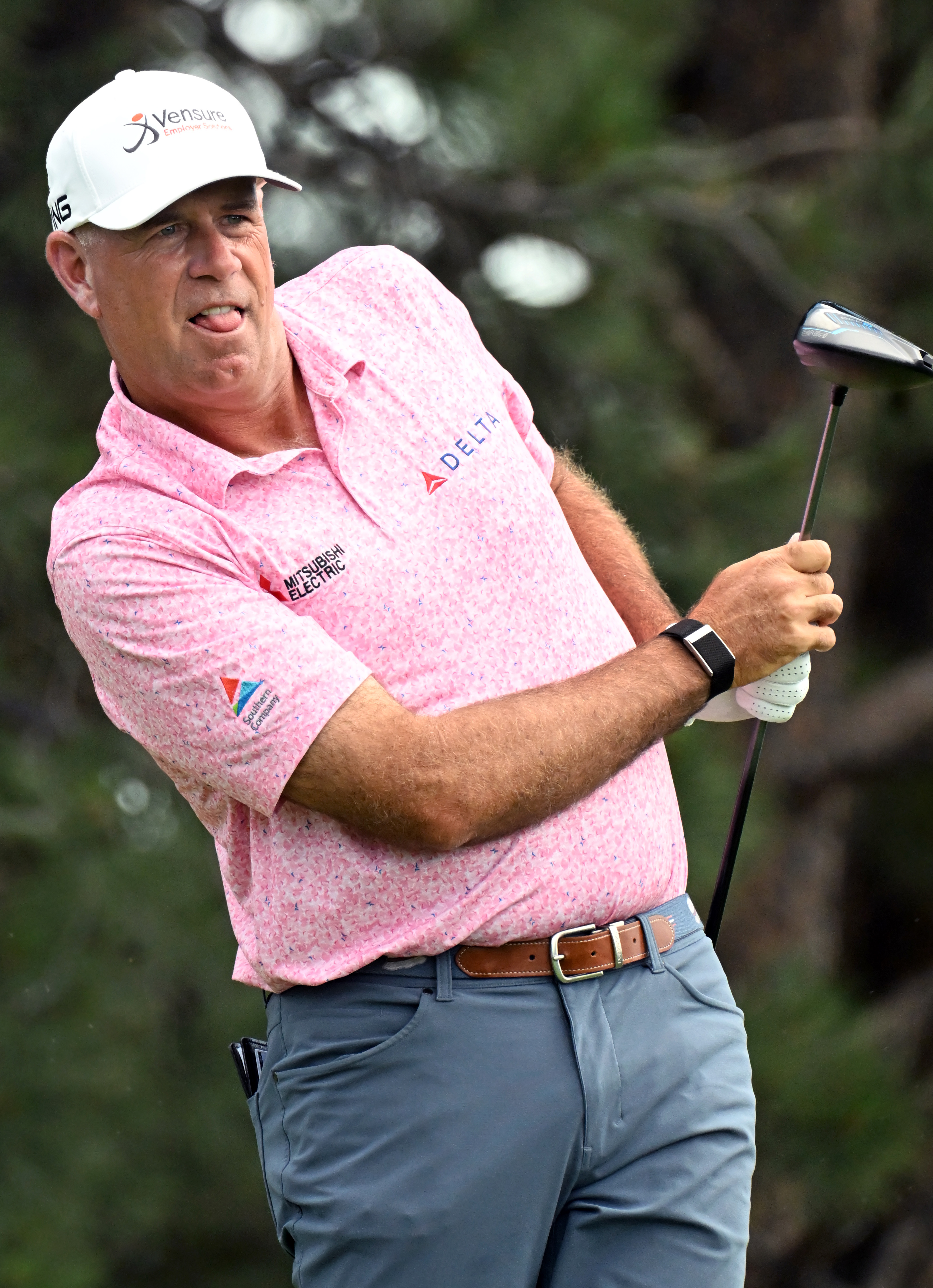 Stewart Cink watches his ball after teeing off on the 12th hole of the U.S, Senior Open Championship on Sunday, June 29, 2025 at the Broadmoor Golf Club in Colorado Springs, Colorado. Jimenez finished in 3rd place with a -9. (Jerilee Bennett,The Gazette)