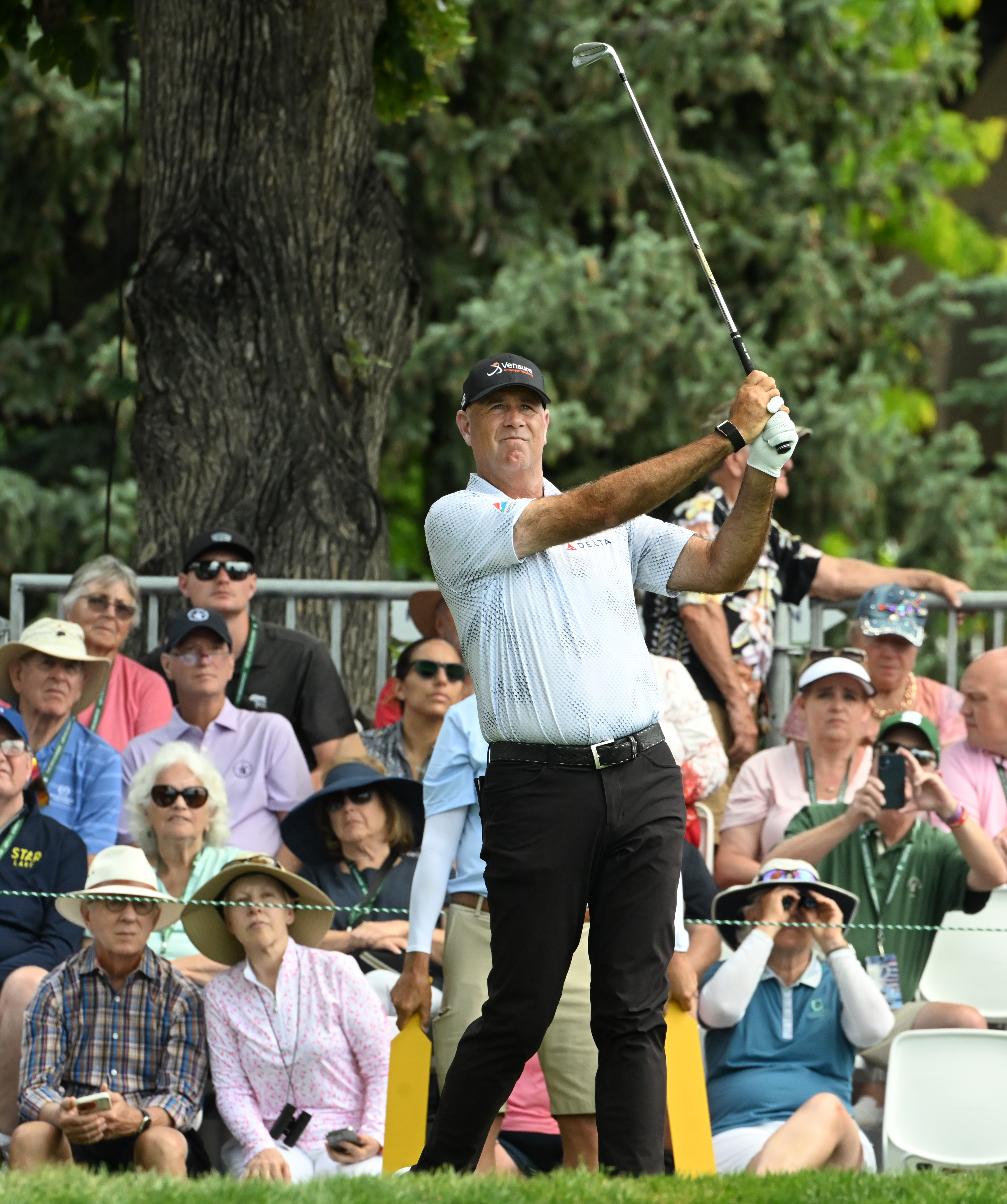Stewart Cink tees off on Hole 4 at the U.S. Senior Open Championship at the Broadmoor Golf Club on Friday, June 27, 2025. This was the second day of competition being held in Colorado Springs, Colorado. Halfway through the day Harrington and Cink were tied for first place at -6. (Jerilee Bennett,The Gazette)