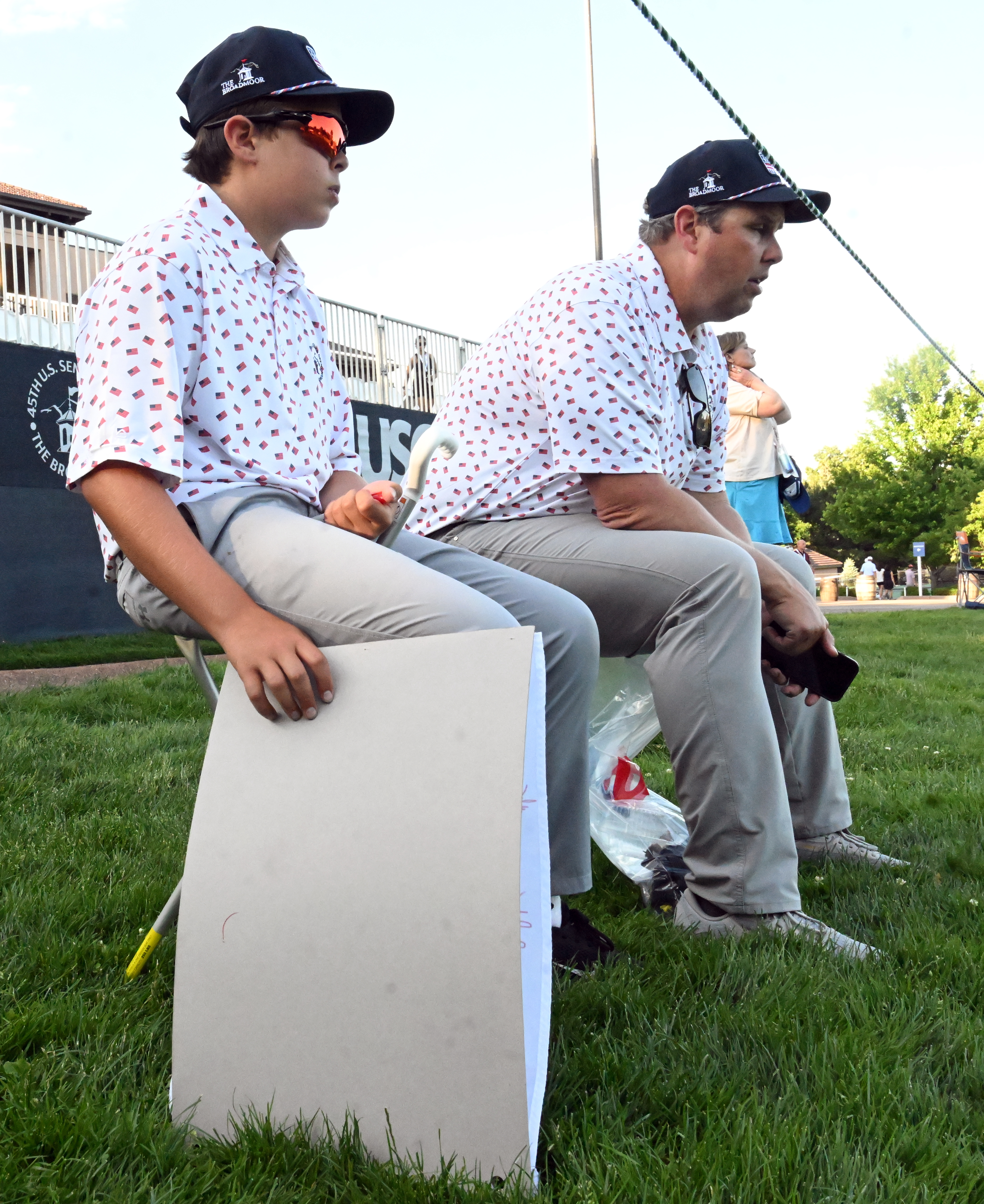 Father and son, Walker Faust (left) and Erich Faust came from Longmont with matching everything on the first day of play at the U.S. Senior Open Championship at the Broadmoor Golf Club in Colorado Springs, Colorado, on Thursday, June 26, 2025. (Jerilee Bennett,The Gazette)