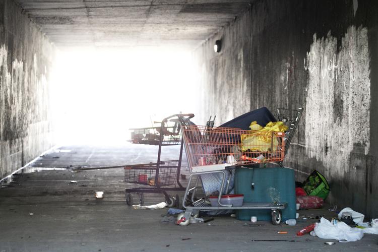 A pedestrian crossing beneath Wadsworth Blvd. is littered with shopping carts and trash