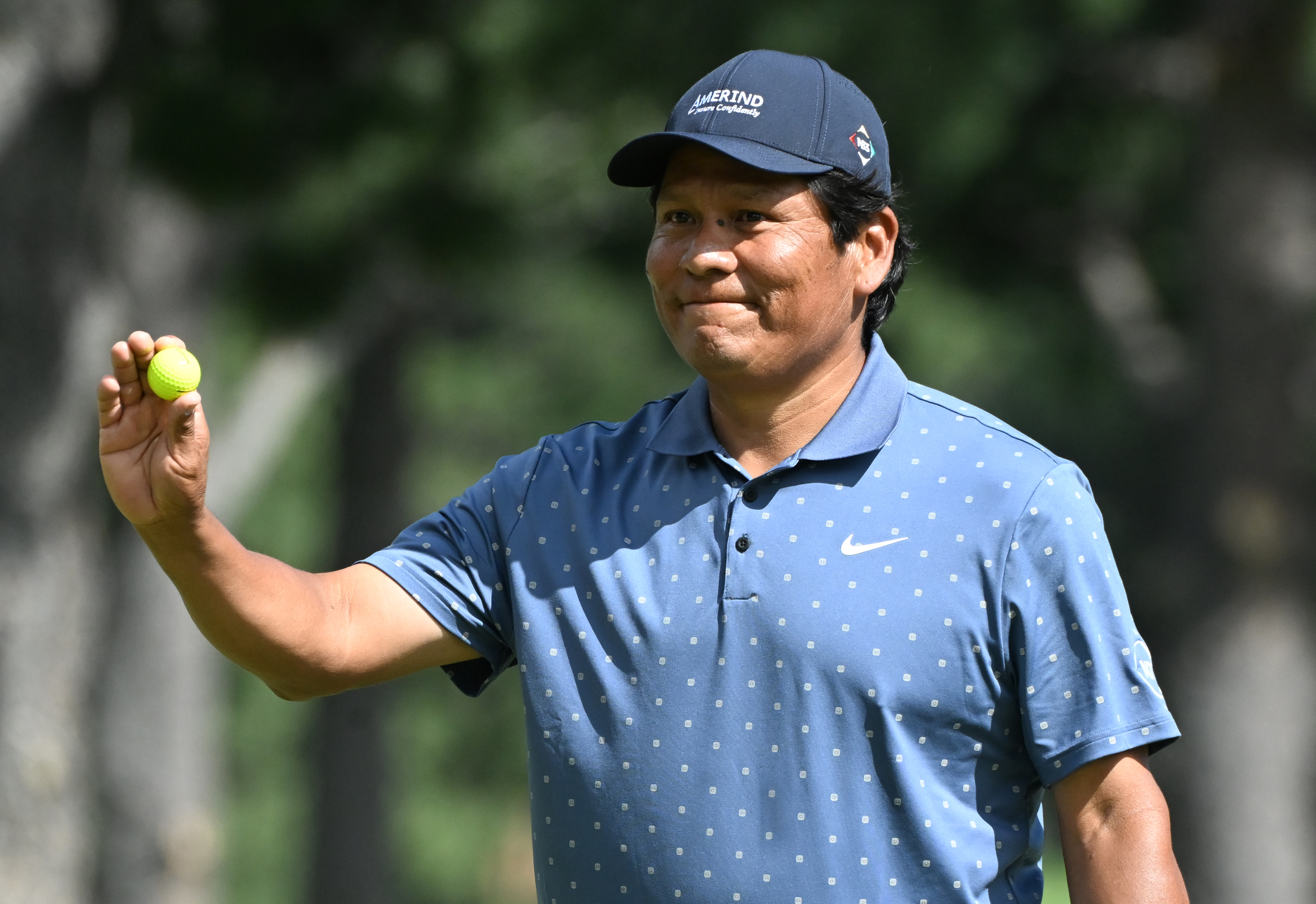 Notah Begay III holds up his ball after making a great putt on the 10th hole on the first day of play at the U.S. Senior Open Championship at the Broadmoor Golf Club in Colorado Springs, Colorado, on Thursday, June 26, 2025. (Jerilee Bennett,The Gazette)