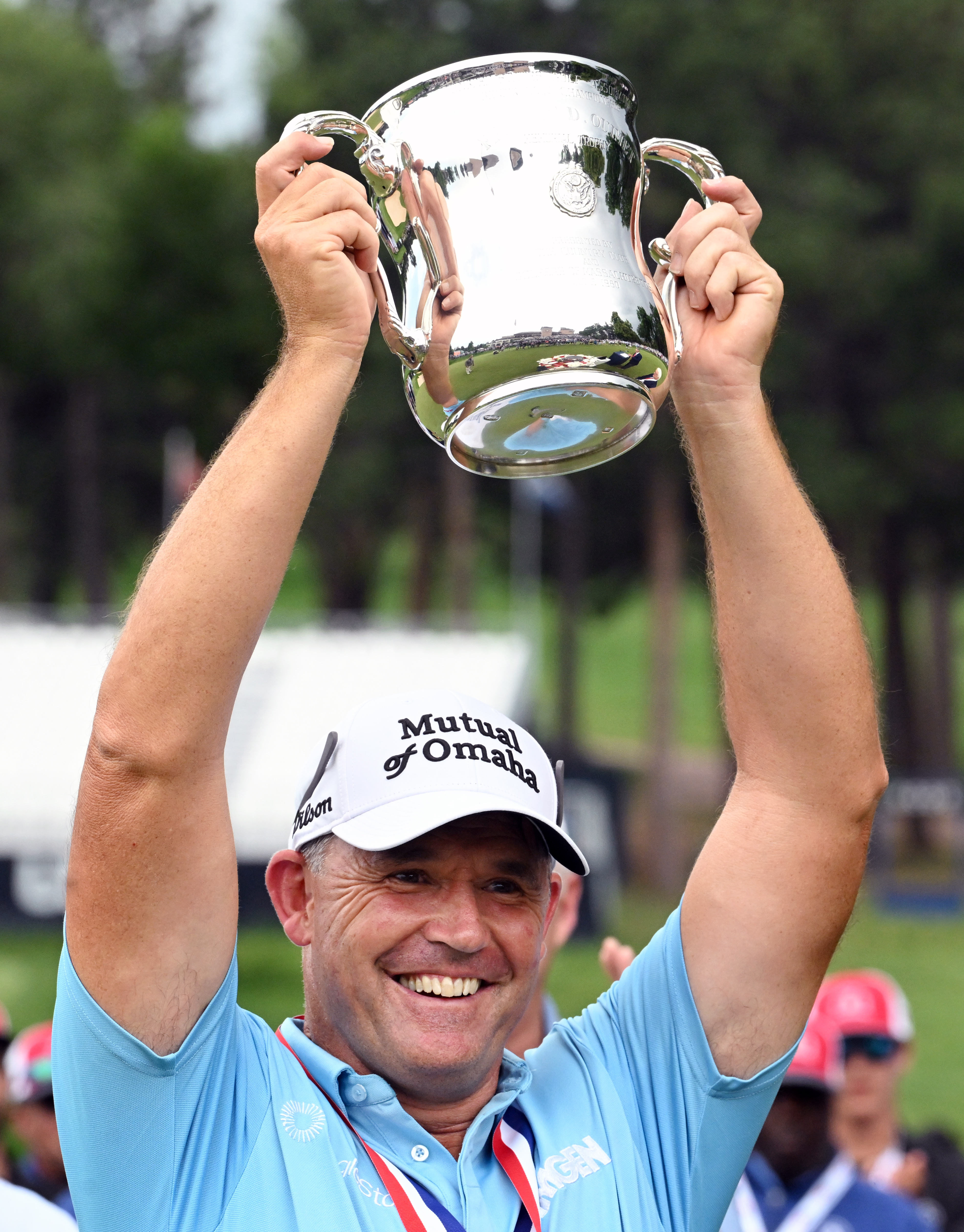 Padraig Harrington holds up the trophy after winning the 2025 U.S. Senior Open Championship at the Broadmoor Golf Club in Colorado Springs, Colorado on Sunday, June 29, 2025. He finished with a score of -11.