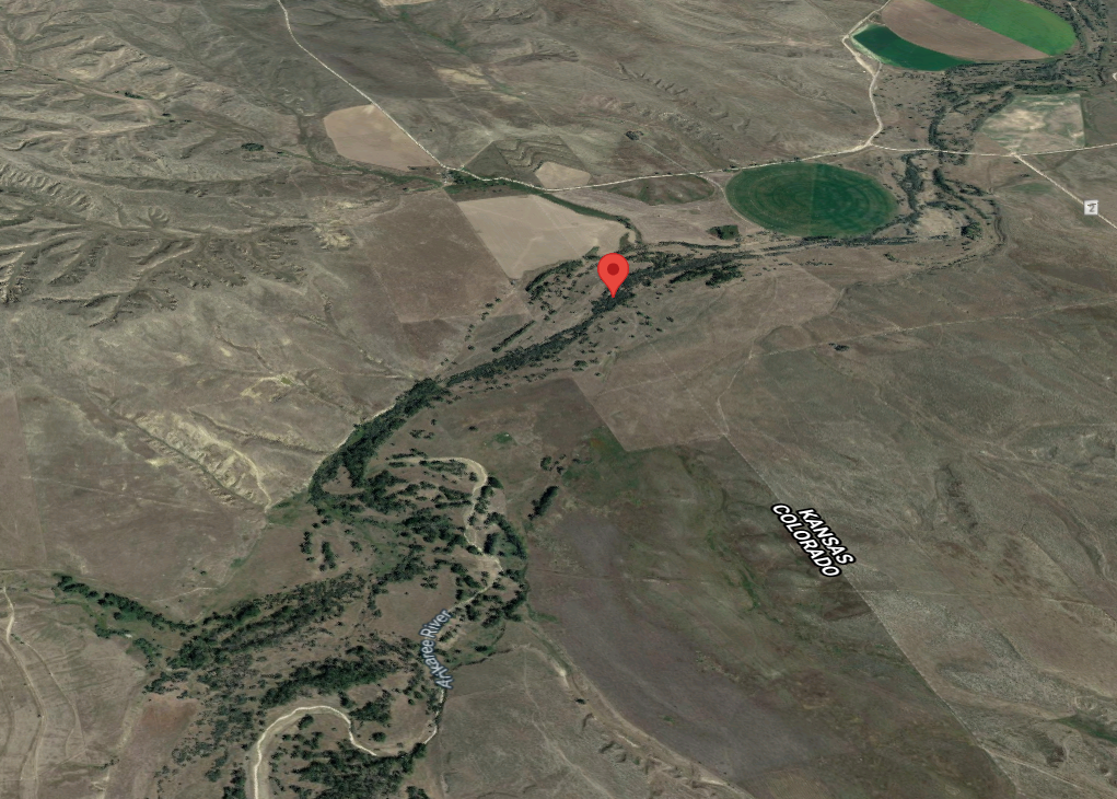 There it is! That's the lowest point in Colorado, found along the Arikaree River. Image: @2021 Google Maps.