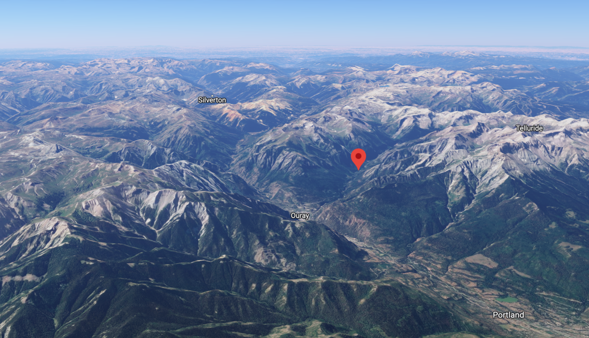 The red pin drop shows where Camp Bird Road is located, though not specifically where the accident occurred. Map Credit: ©2022 Google Maps.
