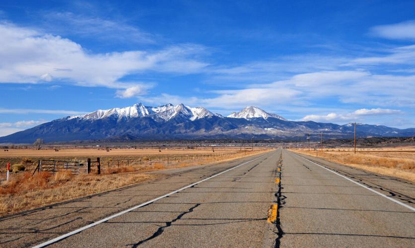 Highway 160 and the Rocky Mountains (Blanca Peak and Mount Lindsey - Sangre de Cristo Range), Fort Garland, Colorado, USA