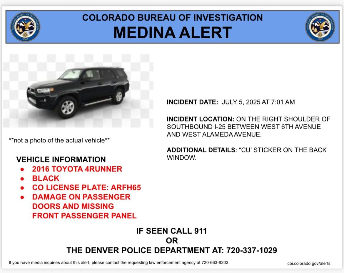 Denver Police issue Medina Alert for I-25 hit-and-run Saturday