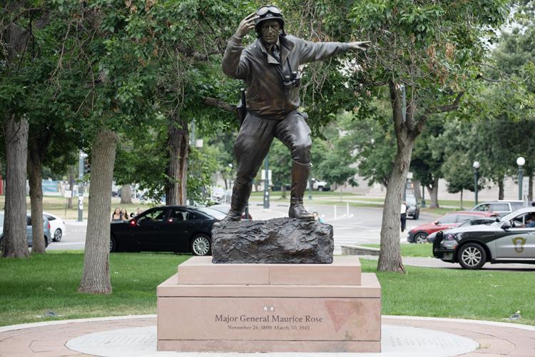 A statue of Maj. Gen. Maurice Rose sits in Lincoln Veterans Memorial Park