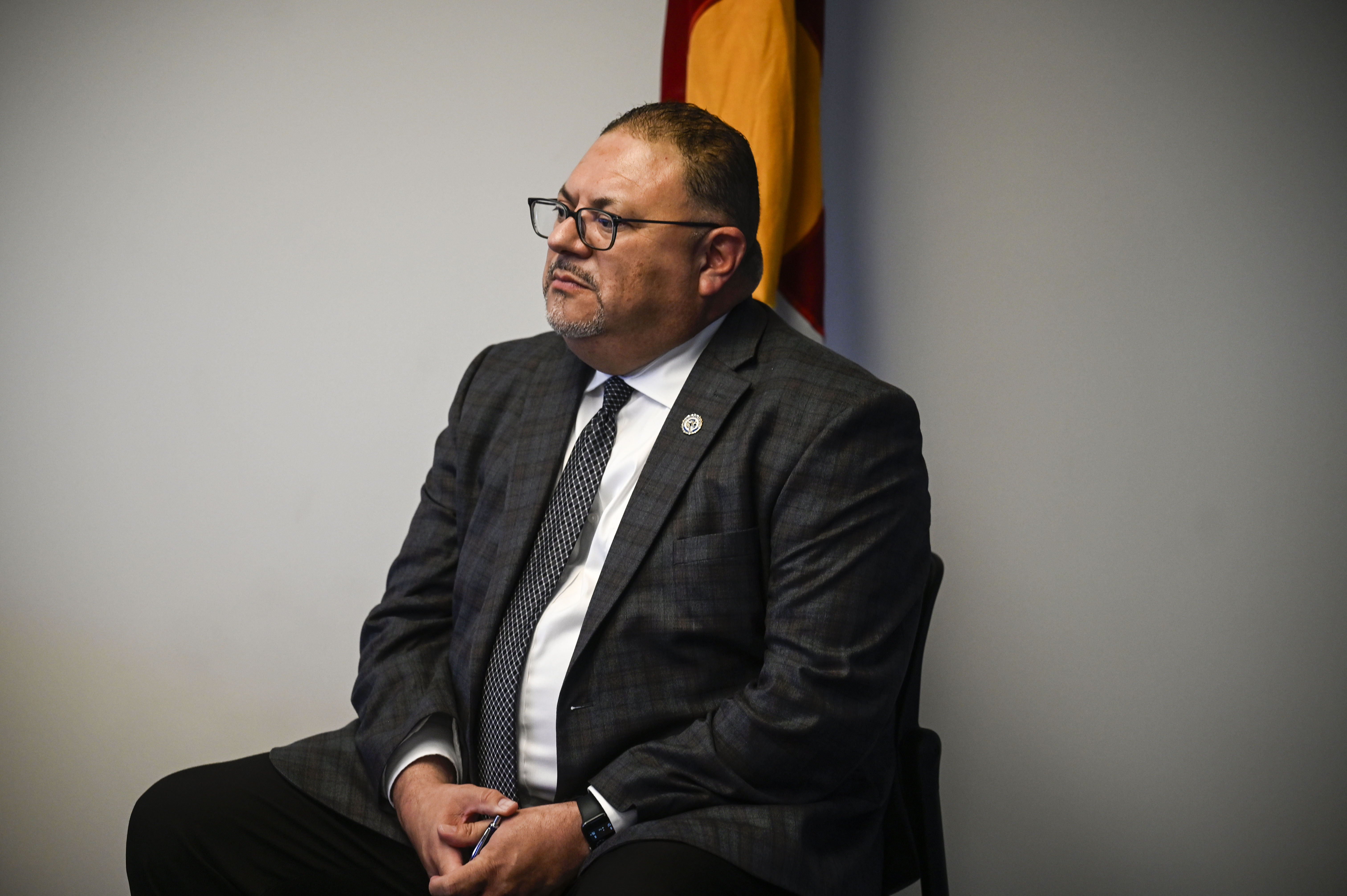 Armando Saldato III, the new director of the Colorado Bureau of Investigation, talks with reporters about stepping into the new role on Wednesday, Aug. 27, 2025. (Stephen Swofford, Denver Gazette) (StephenSwoffordPhotographerstephen.swofford@gazette.comhttps://secure.gravatar.com/avatar/1ddcaf11c5d70eaa58546ddc4e038687?d=mm&r=g)