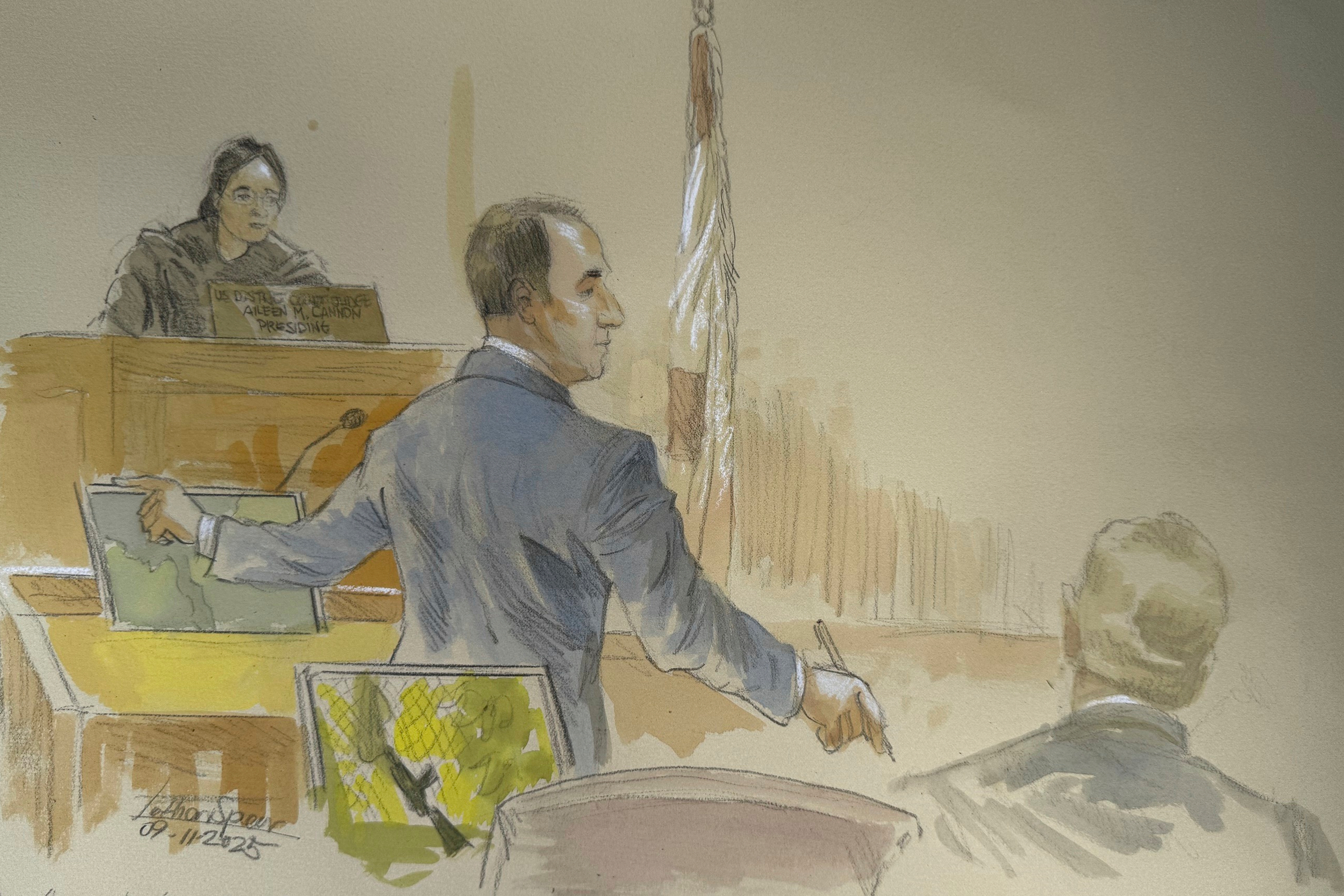 This courtroom sketch shows lead government prosecutor John Shipley speaking during the opening statements of the during the trial of Ryan Routh, who is charged with attempting to assassinate Donald Trump last year at a golf course in South Florida, Thursday, Sept. 11, 2025, in Fort Pierce, Fla. (Lothar Speer - FRE172289)