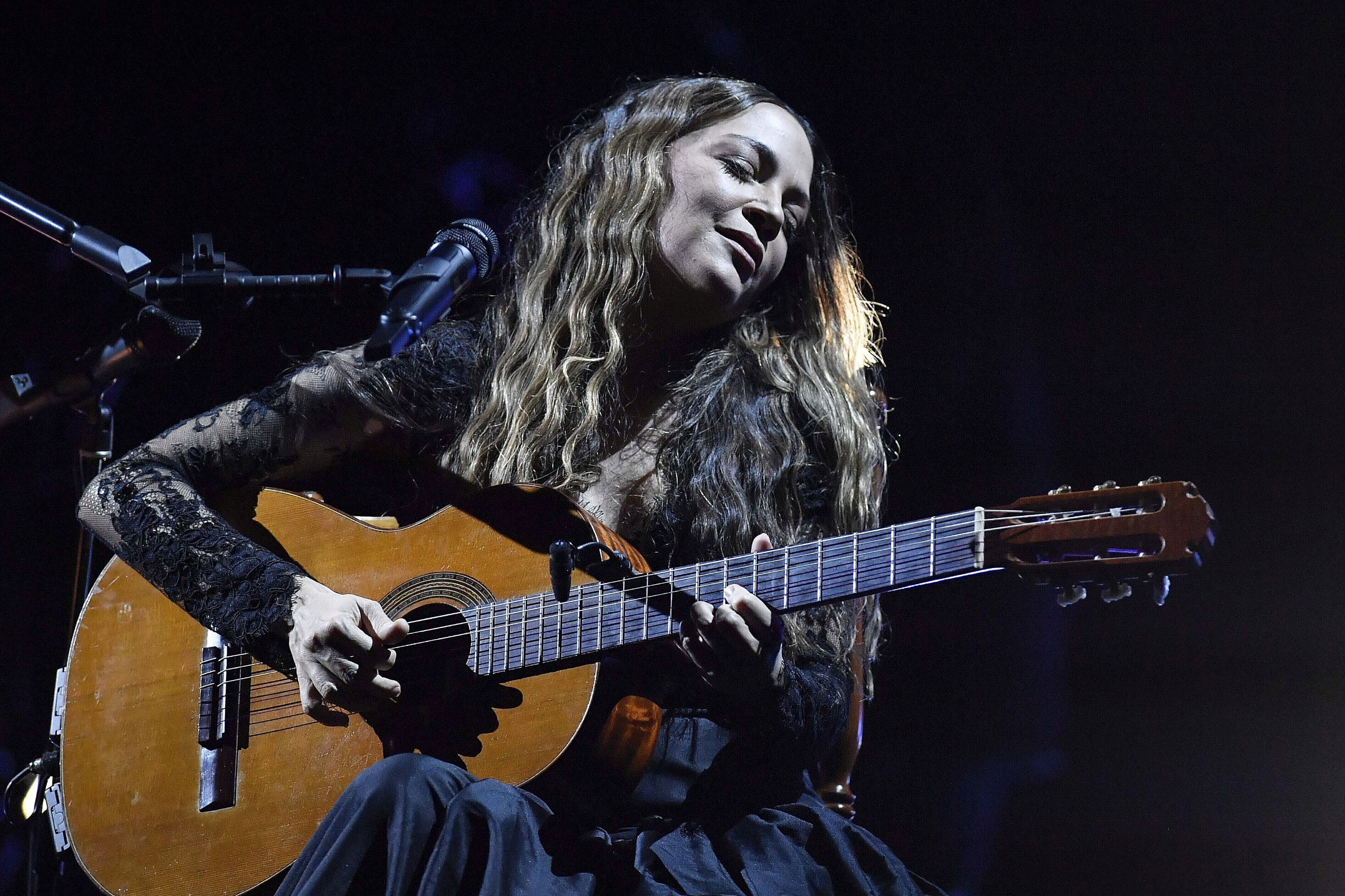 FILE - Mexican singer Natalia Lafourcade performs at the Concha Acustica of Bello Monte in Caracas, Venezuela on Aug. 22, 2023. (Matias Delacroix - AP)