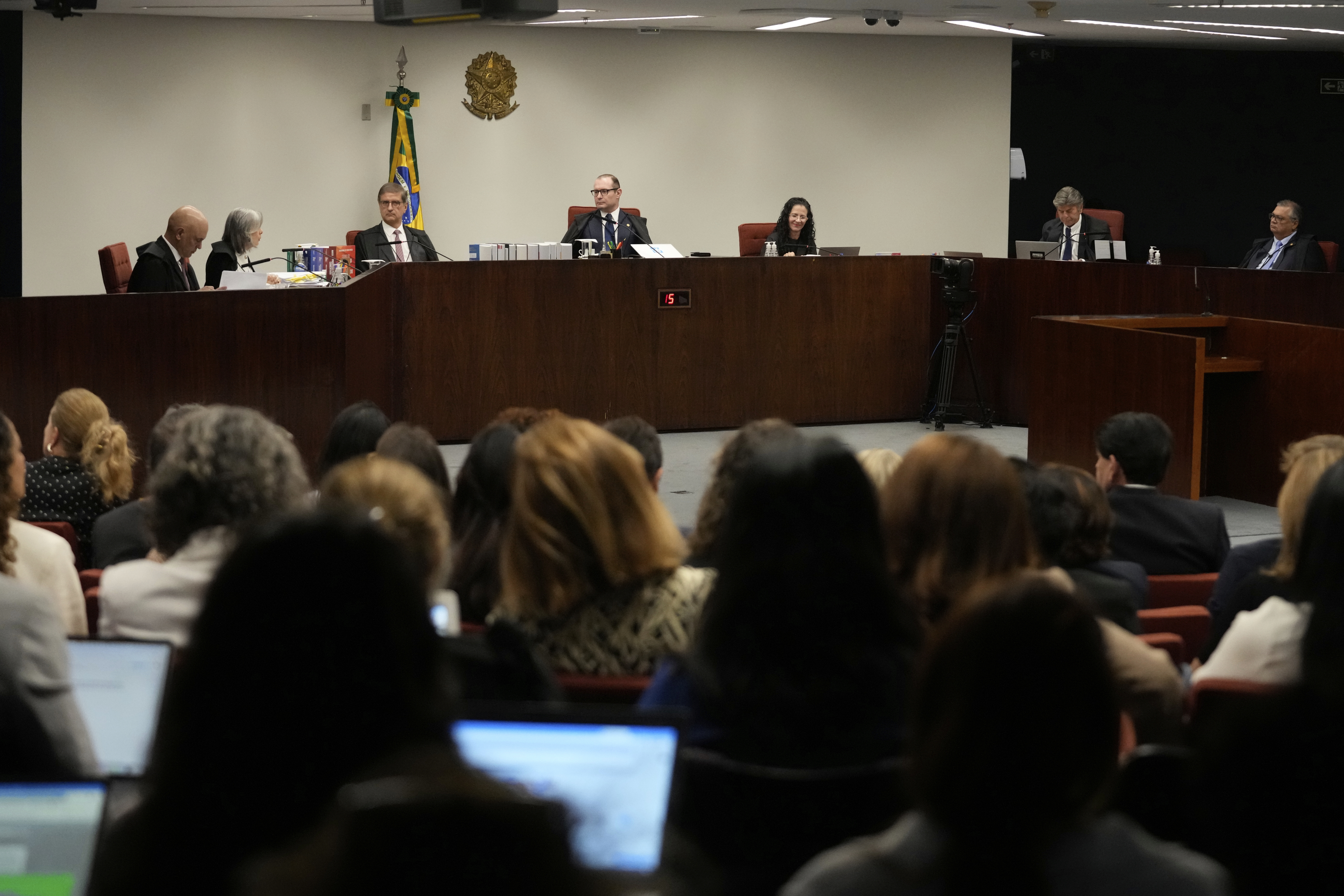 Justices of the Brazilian Supreme Court meet for the verdict and sentencing phase of a trial for those charged in an alleged coup plot to keep Brazil's former President Jair Bolsonaro in office after his 2022 election defeat, in Brasilia, Brazil, Thursday, Sept. 11, 2025. (Eraldo Peres - AP)