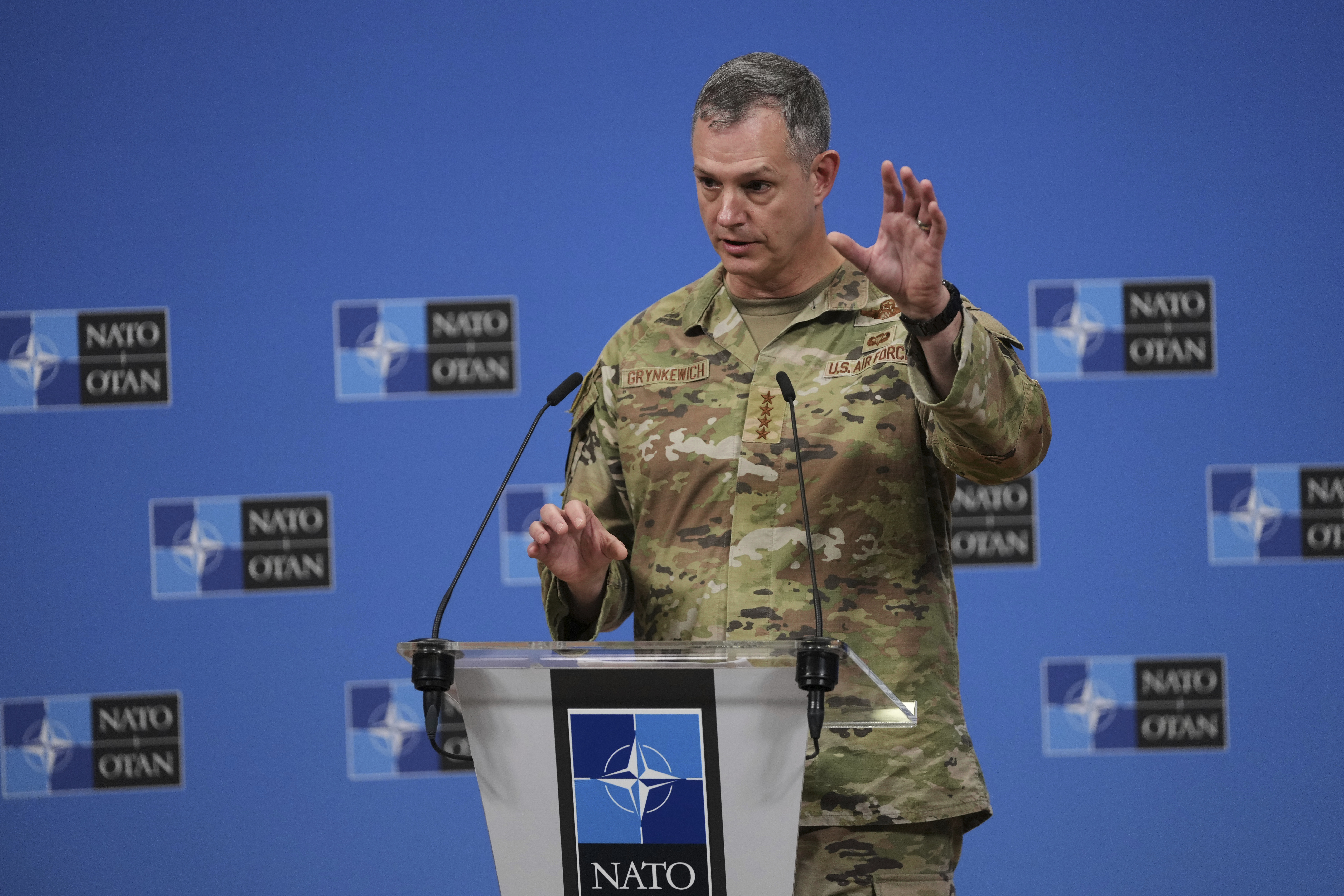 Supreme Allied Commander Europe (SACEUR), General Alexus G. Grynkewich, addresses the media at NATO headquarters in Brussels, Friday, Sept. 12, 2025. (Virginia Mayo - AP)