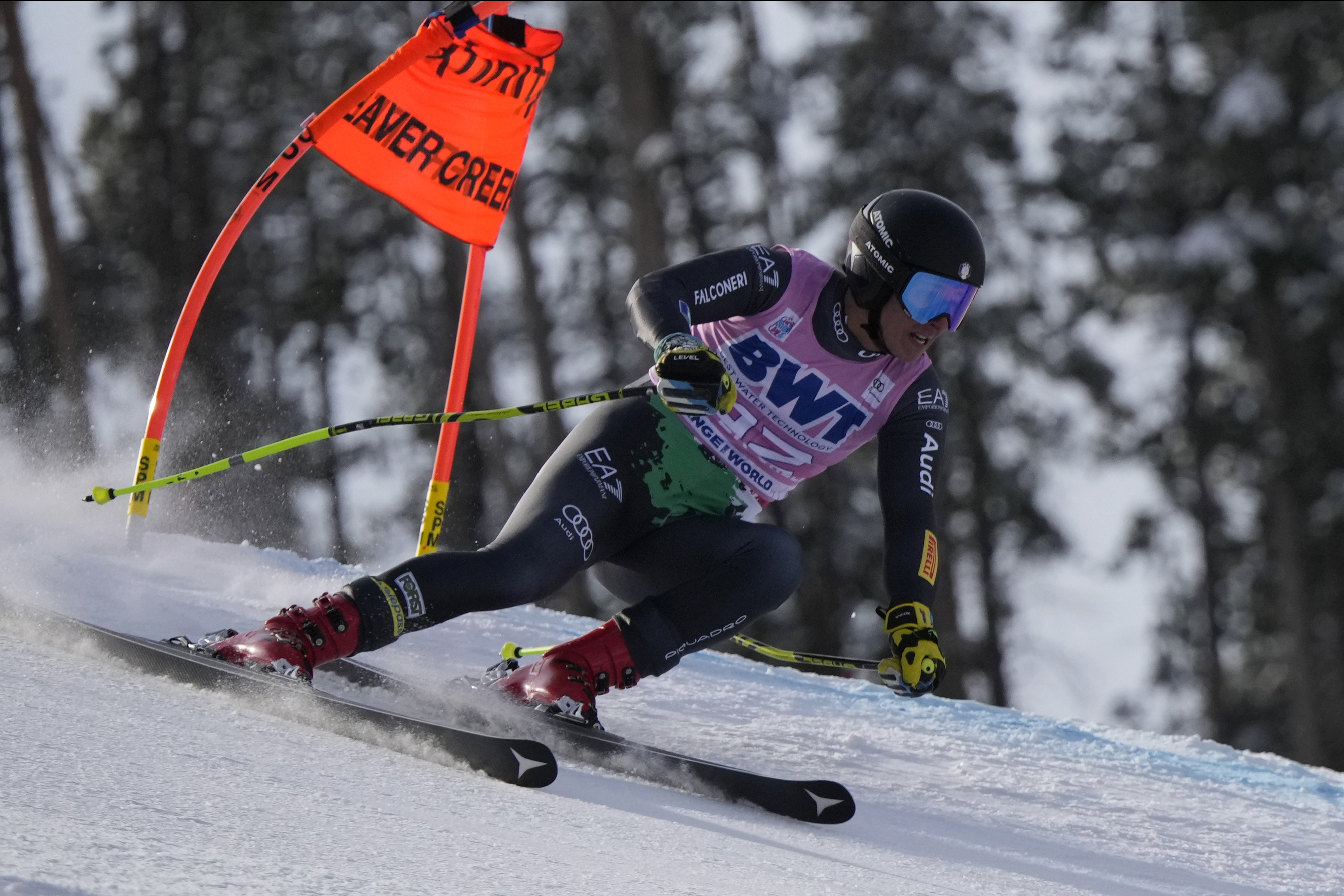 FILE - Italy's Matteo Franzoso competes during a men's World Cup super-G skiing race, Dec. 4, 2022, in Beaver Creek, Colo. (Robert F. Bukaty - AP)