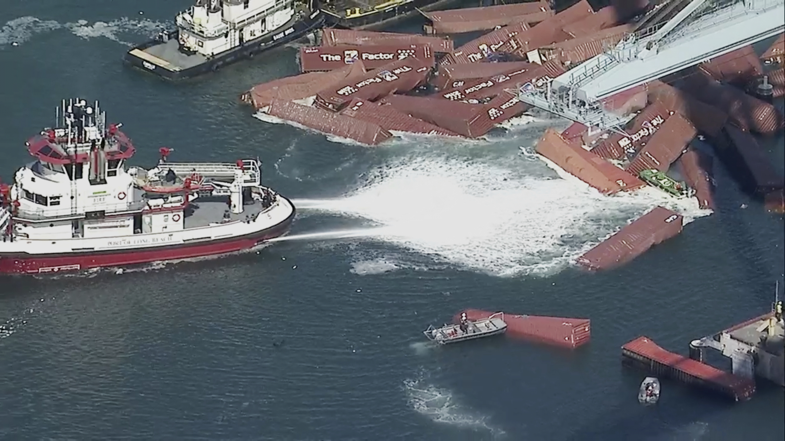 Several shipping containers have fallen off a cargo ship and into the water at the Port of Long Beach, Calif., on Tuesday, Sept. 9, 2025. (Uncredited - KABC-TV)