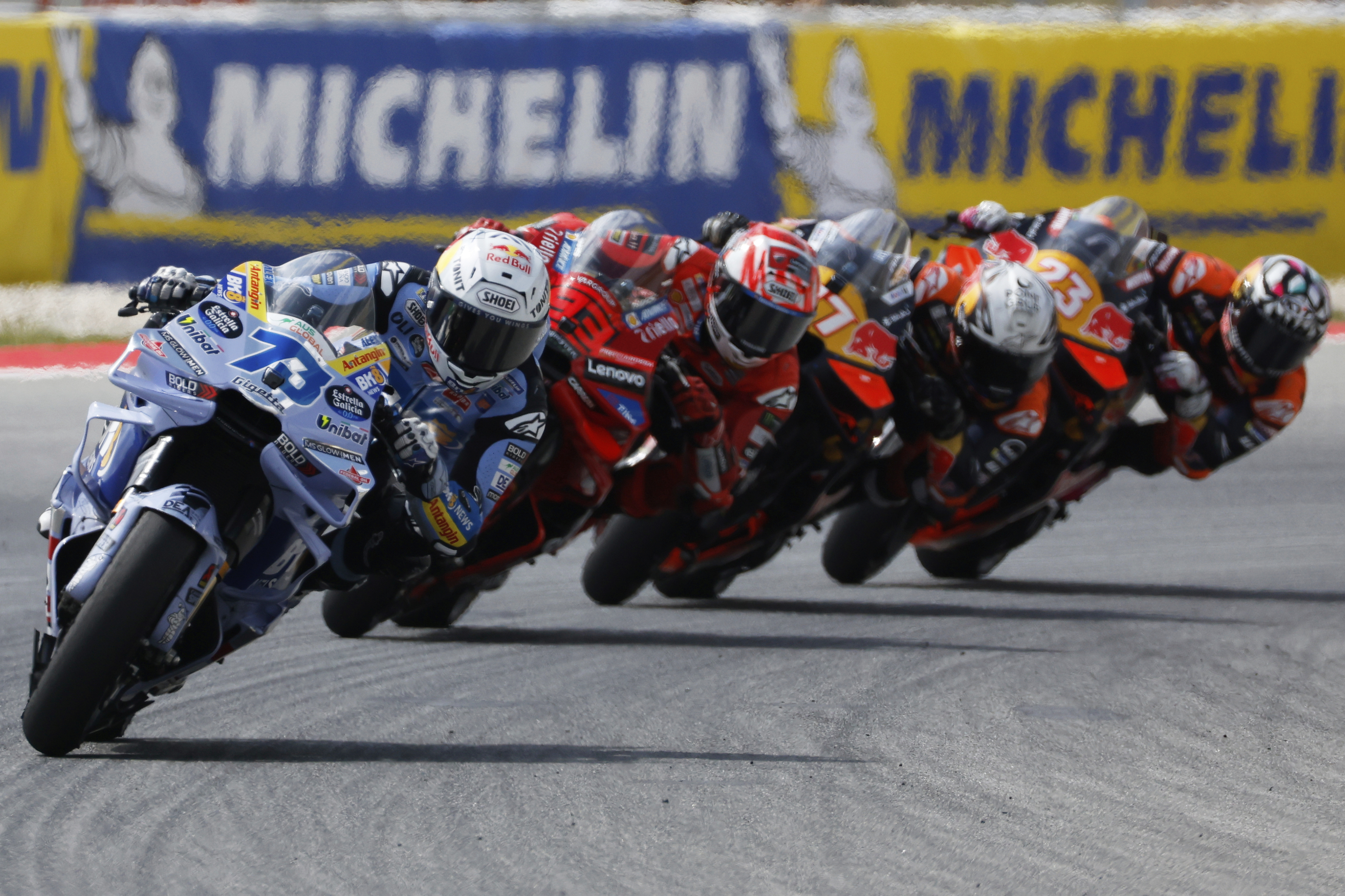 Spain's rider Alex Marquez of the BK8 Gresini Racing MotoGP leads the MotoGP race of the Grand Prix of Catalonia in Montmelo, just outside of Barcelona, Spain, Sunday, Sept. 7, 2025. (Joan Monfort - AP)