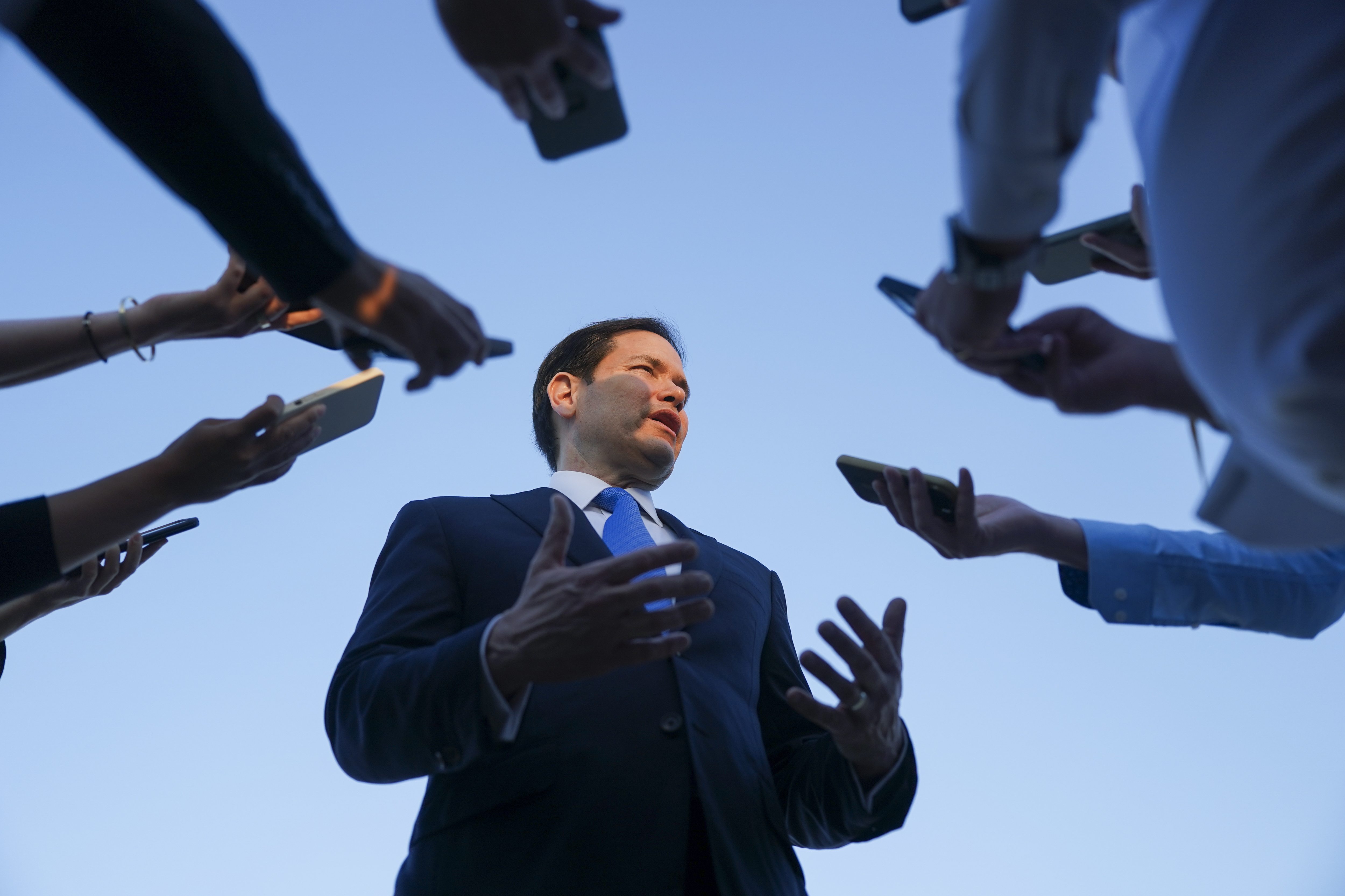 U.S. Secretary of State Marco Rubio speaks to media at Ben Gurion International Airport, as he departs Tel Aviv for Qatar following an official visit, near Lod, Israel, Tuesday, Sept. 16, 2025. (Nathan Howard - Pool Reuters)
