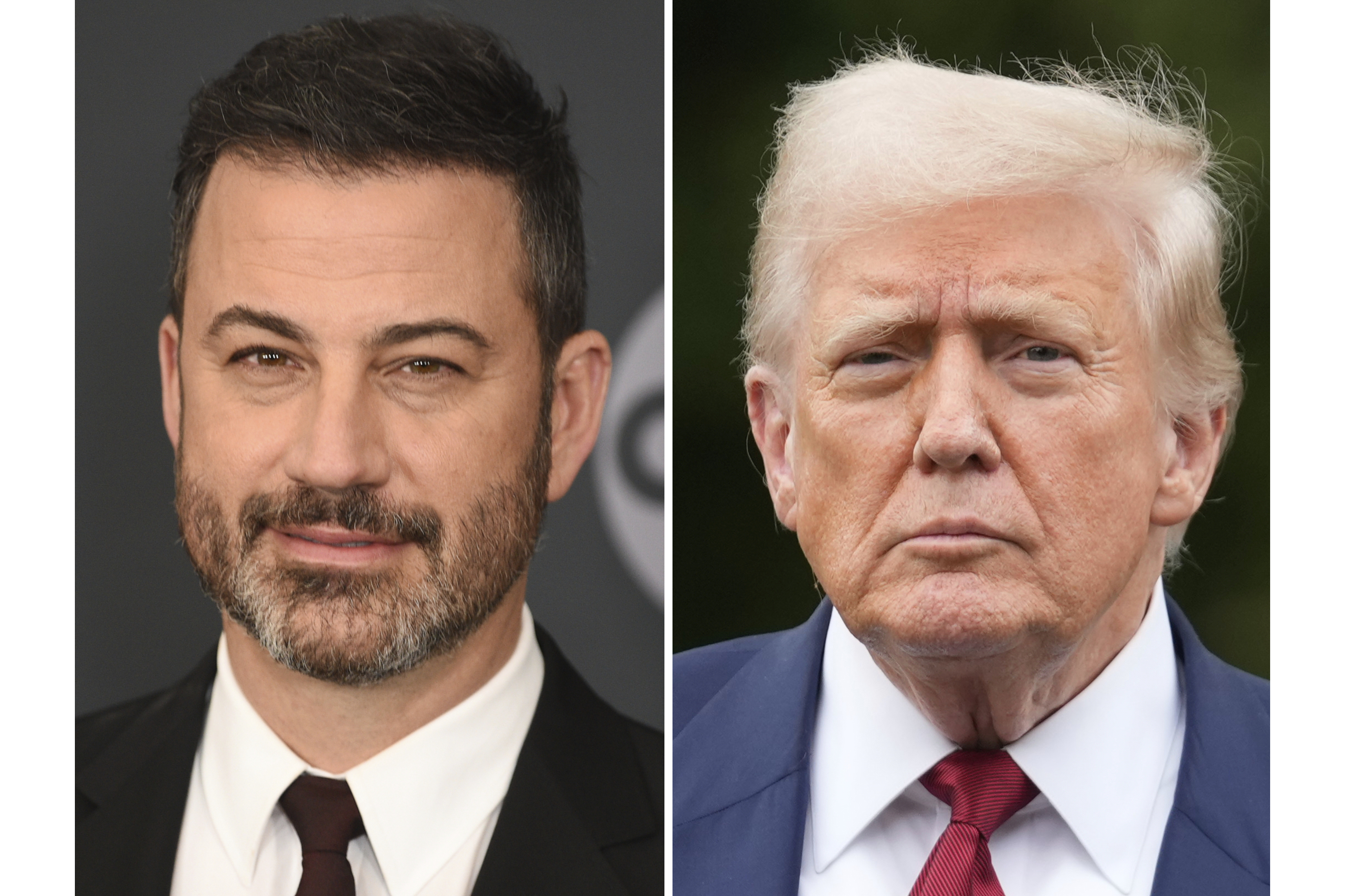 Jimmy Kimmel appears at the Walt Disney Television upfront in New York on May 14, 2019, left, and President Donald Trump appears on the South Lawn of the White House on Aug. 1, 2025, in Washington. (Uncredited - AP)