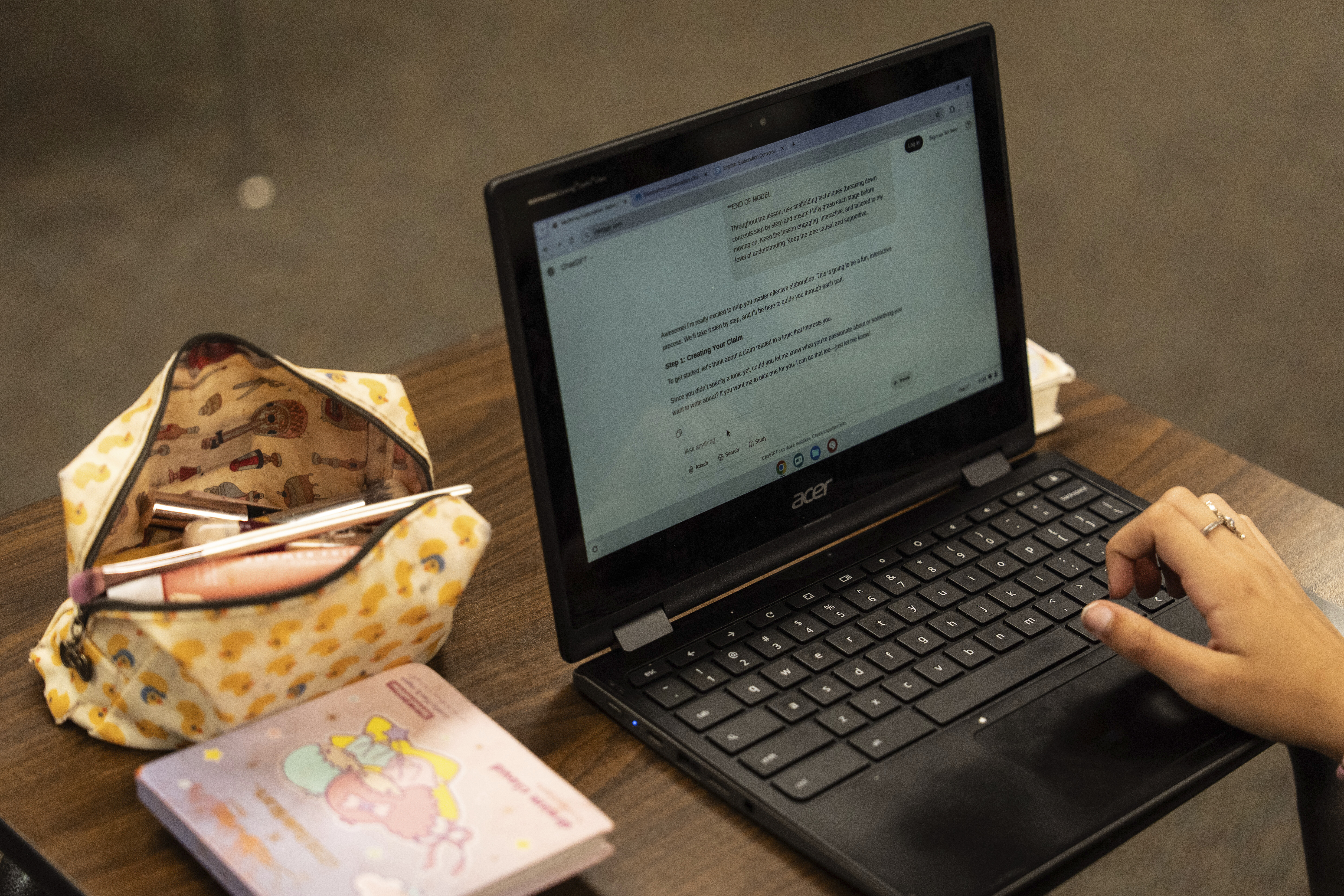 A student types a prompt into ChatGPT on a Chromebook during Casey Cuny's English class at Valencia High School in Santa Clarita, Calif., Wednesday, Aug. 27, 2025. (Jae C. Hong - AP)