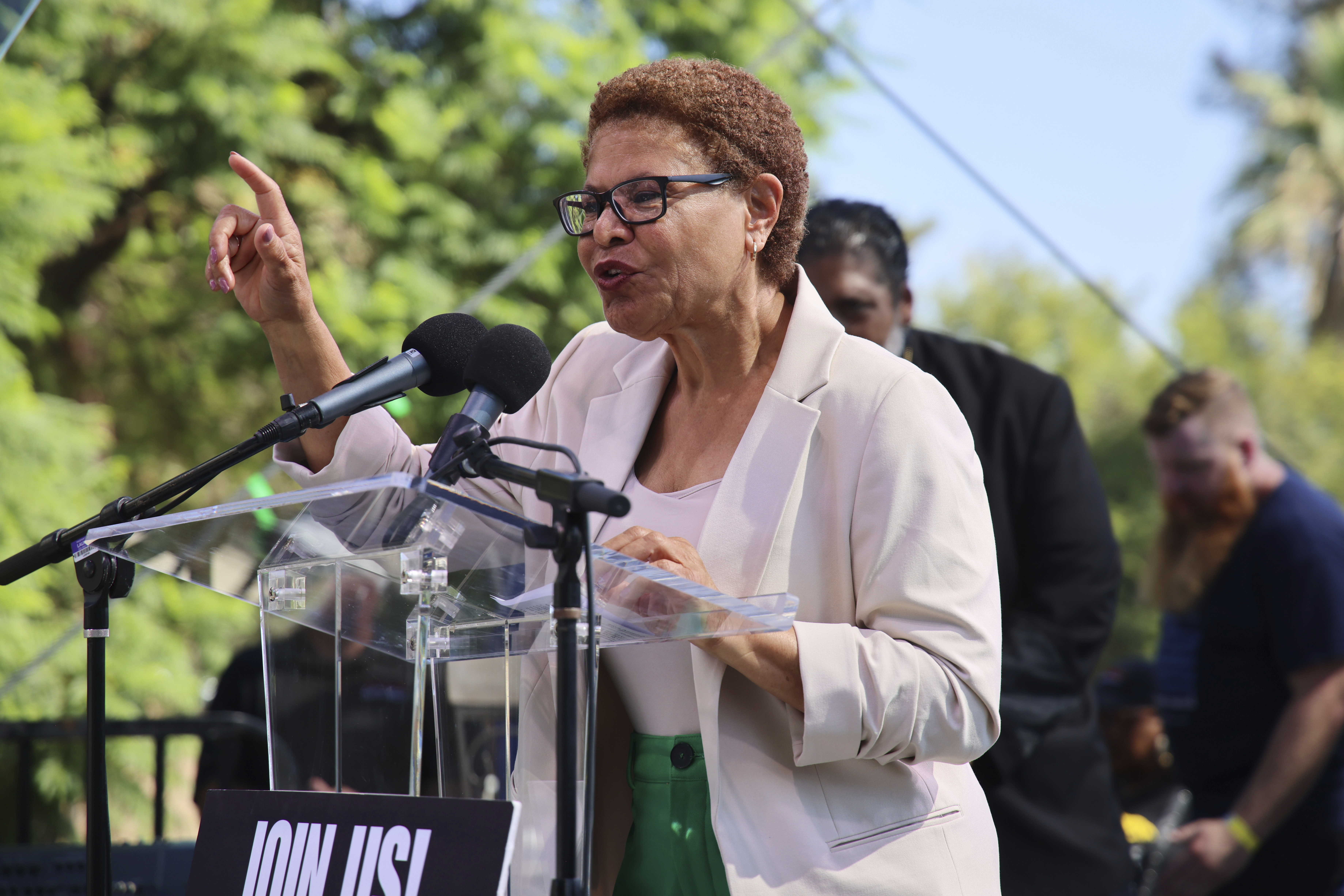 Mayor Karen Bass speaks during an immigration rally on Saturday, Sept. 20, 2025, in Los Angeles. (Ethan Swope - FR171736 AP)