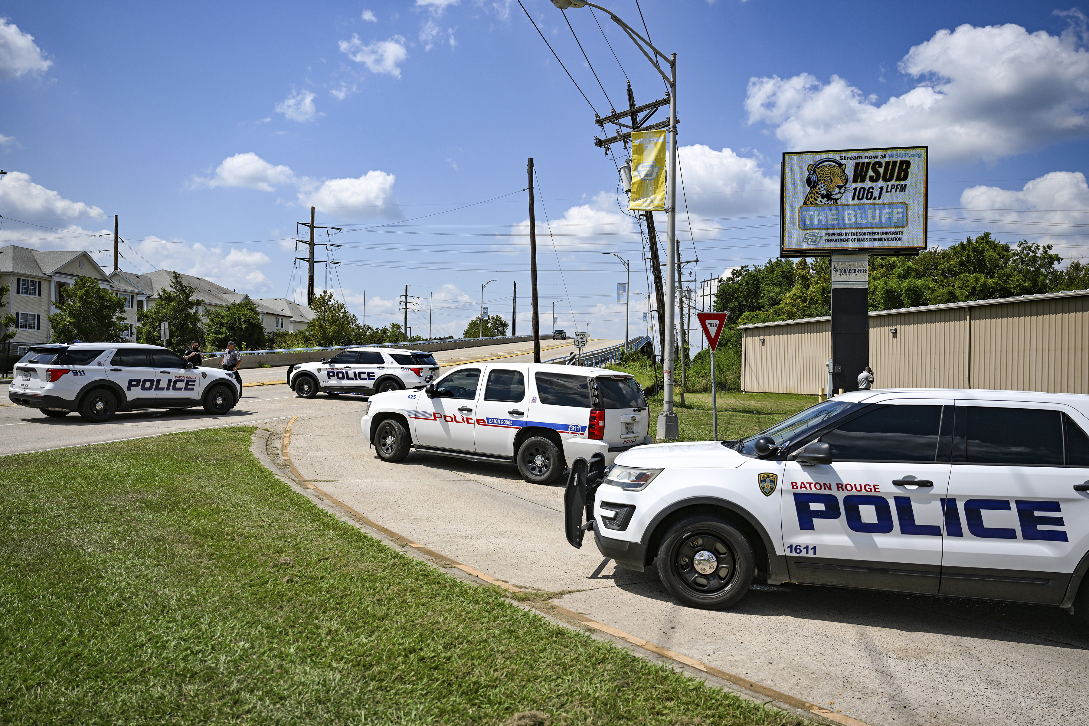 Baton Rouge Police block the entrance of Southern University's campus at the corner of Harding Boulevard and Scenic Highway, Thursday, Sept. 11, 2025, in Baton Rouge, La., after a threat led administers to announce a lockdown. (Javier Gallegos - The Advocate)