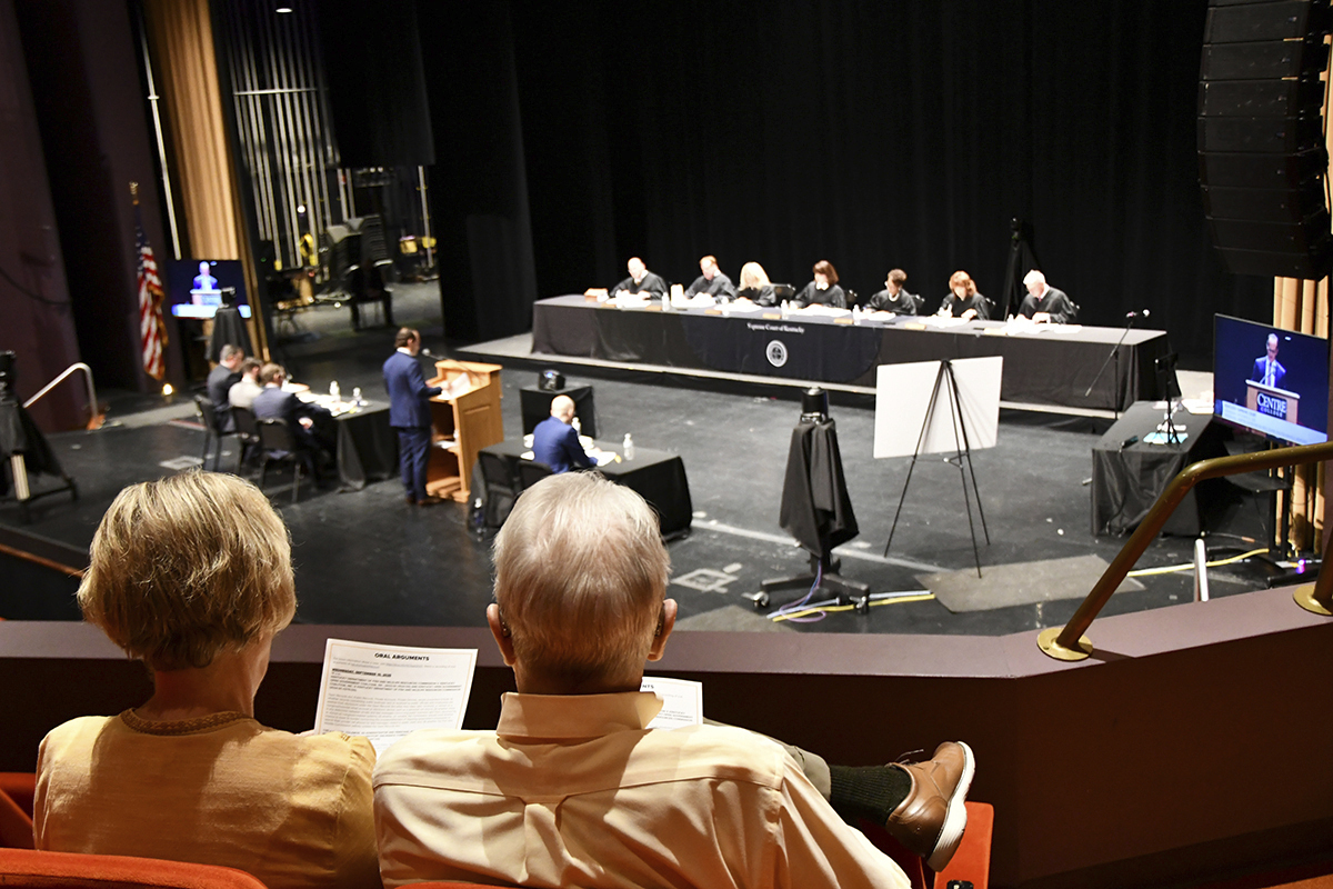 The Kentucky Supreme Court hears oral arguments at Centre College's Norton Center for the Arts in Danville, Ky., Sept. 10, 2025. Seated from left are Justice Shea Nickell, Justice Kelly Thompson, Justice Angela McCormick Bisig, Chief Justice of the Commonwealth Debra Hembree Lambert, Justice Pamela R. Goodwine, Justice Michelle M. Keller and Justice Robert B. Conley. (Jim Hoffmann - Administrative Office of the Courts)