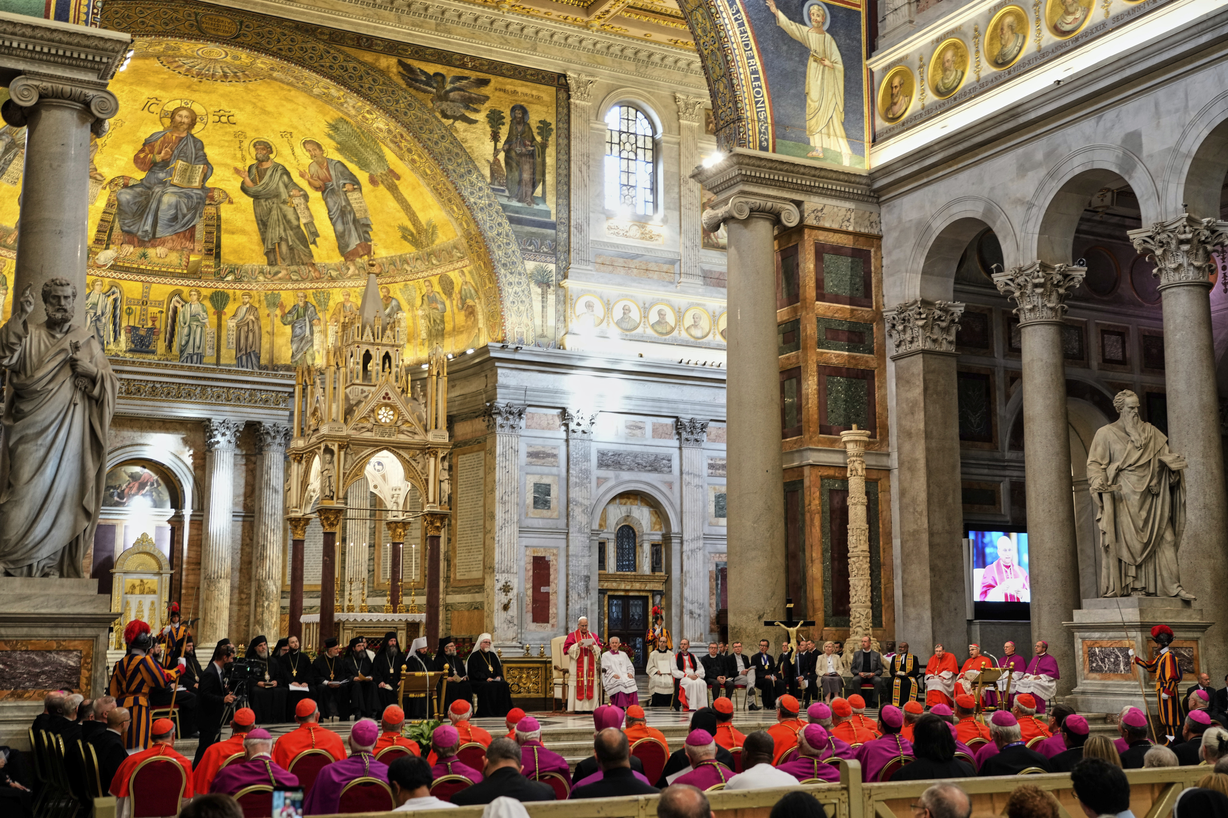 Pope Leo XIV presides over a commemoration of the martyrs and witnesses of the faith of the 21st century with representatives of other churches and Christian communions in the Basilica of St. Paul Outside the Walls in Rome, Sunday, Sept. 14, 2025. (Gregorio Borgia - AP)